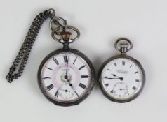 2 div. Taschenuhren (um 1900) Eisenbahner-Taschenuhr DOXA; Silbergehäuse; bemaltes