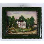 Porzellan-Bildplatte "Blick auf Schlossgebäude in Parkanlage"; ÖL/Porzellan; ca. 12 x 17,5 cm; R;
