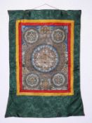 Thangka (Tibet, 19./20.Jh.) auf Seide; farbige Personendarstellungen mit versch. Symbolen; ca. 80