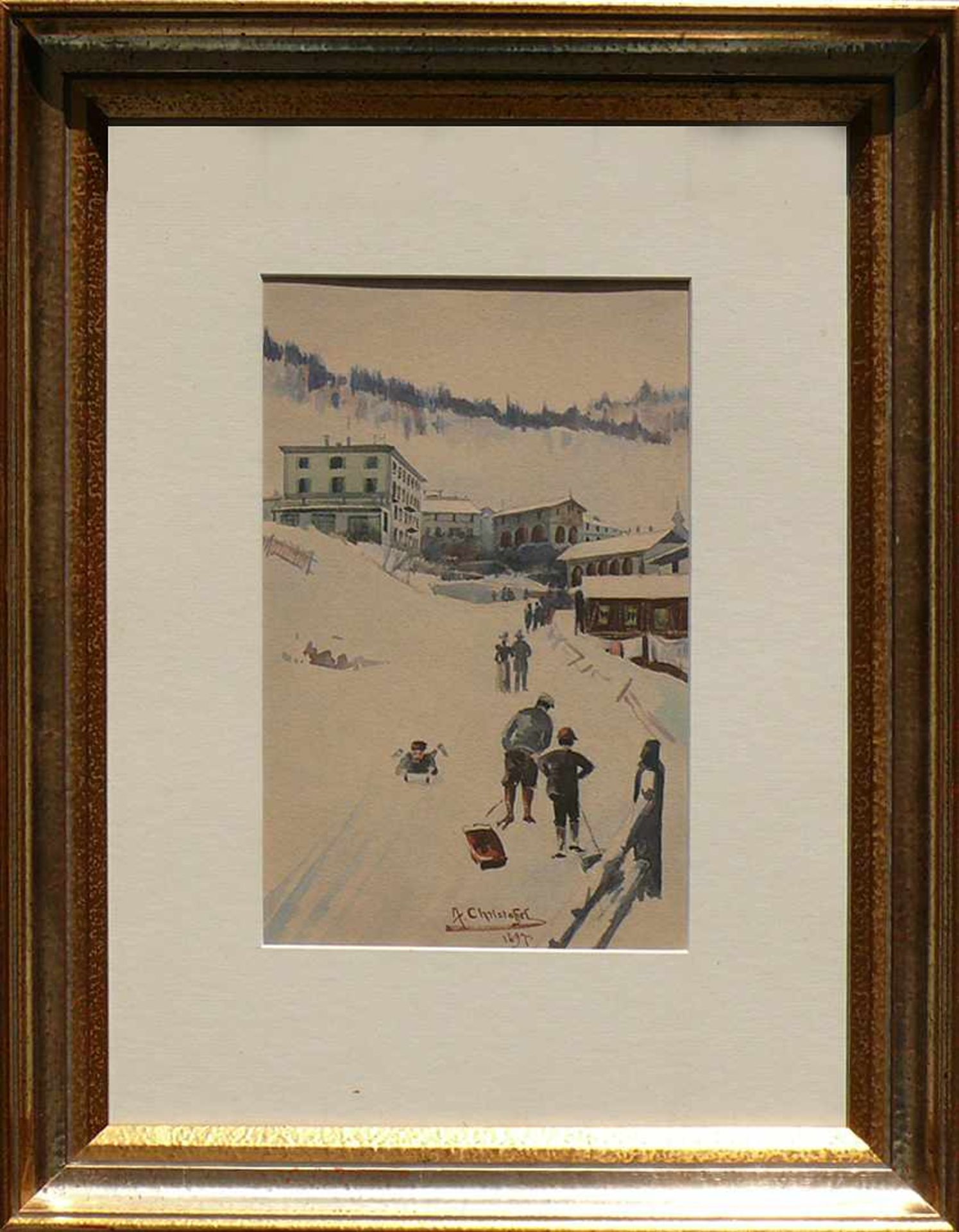 Christoffel, Anton (1871 - 1953 Zürich) "Winter in St. Moritz"; mehrere Personen auf Weg zur