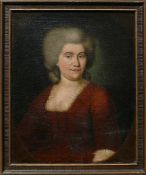 Anonym (18.Jh.) "Halbportrait einer Dame" in rotem Kleid mit Vollantspitzenausschnitt; ÖL/Original-