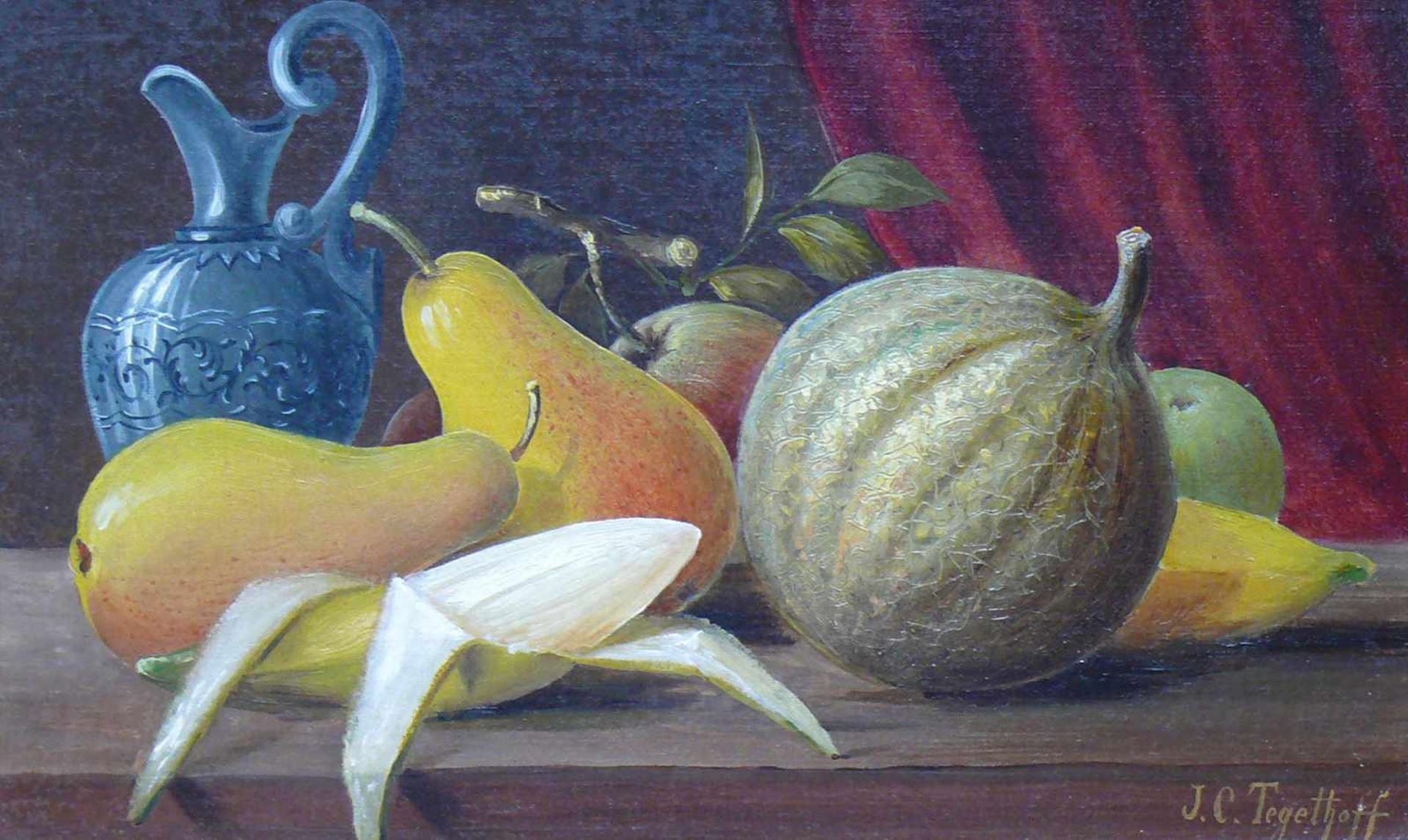 Tegethoff, J.C. (Ende 19./Anf. 20.Jh.)) "Obststillleben" mit Banane, Birnen, Melone und Krug"; Öl/ - Bild 2 aus 4