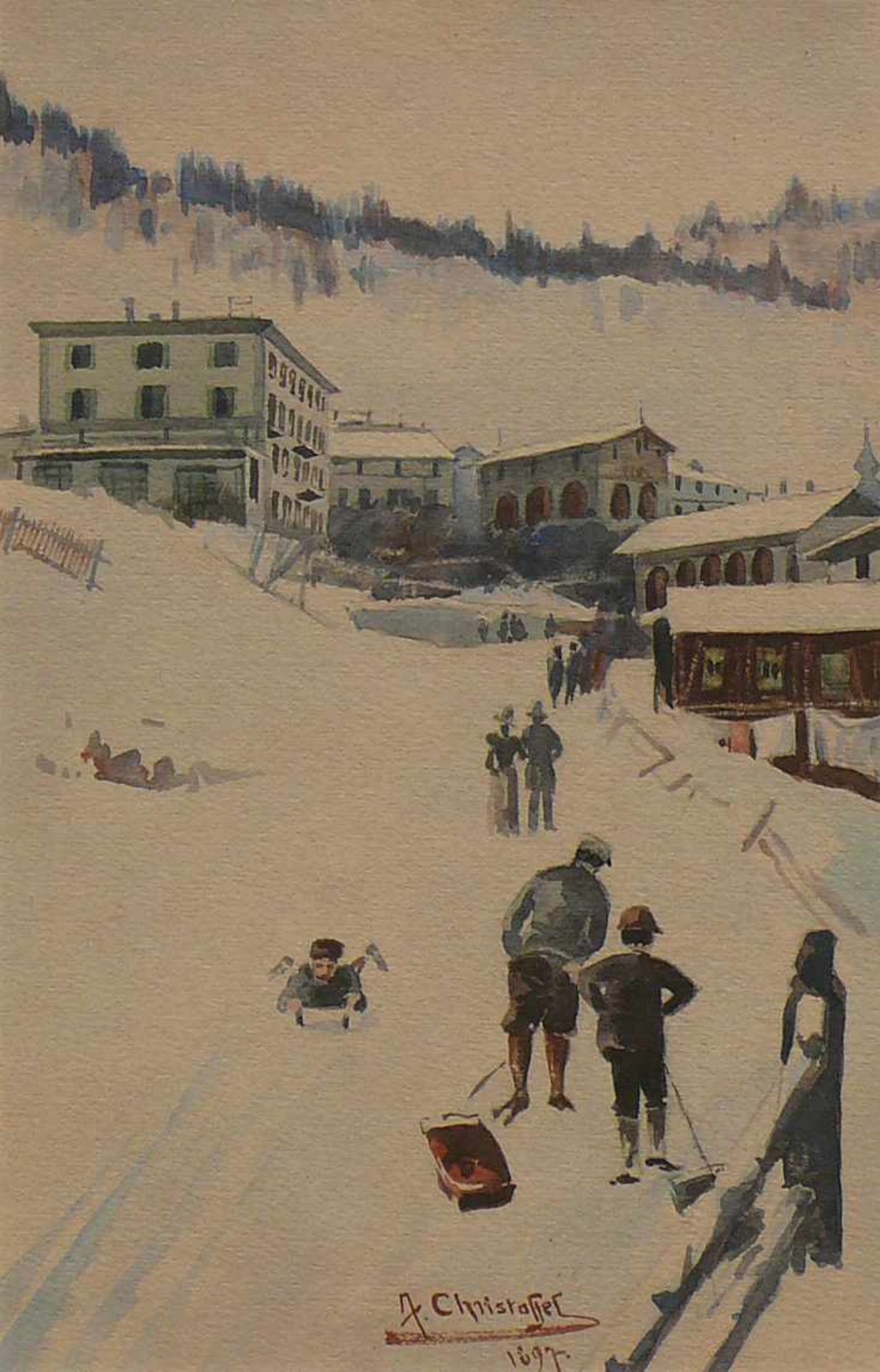 Christoffel, Anton (1871 - 1953 Zürich) "Winter in St. Moritz"; mehrere Personen auf Weg zur - Bild 2 aus 3