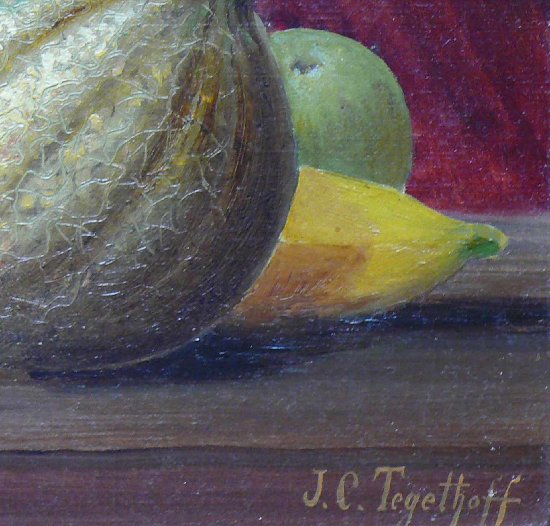 Tegethoff, J.C. (Ende 19./Anf. 20.Jh.)) "Obststillleben" mit Banane, Birnen, Melone und Krug"; Öl/ - Bild 3 aus 4