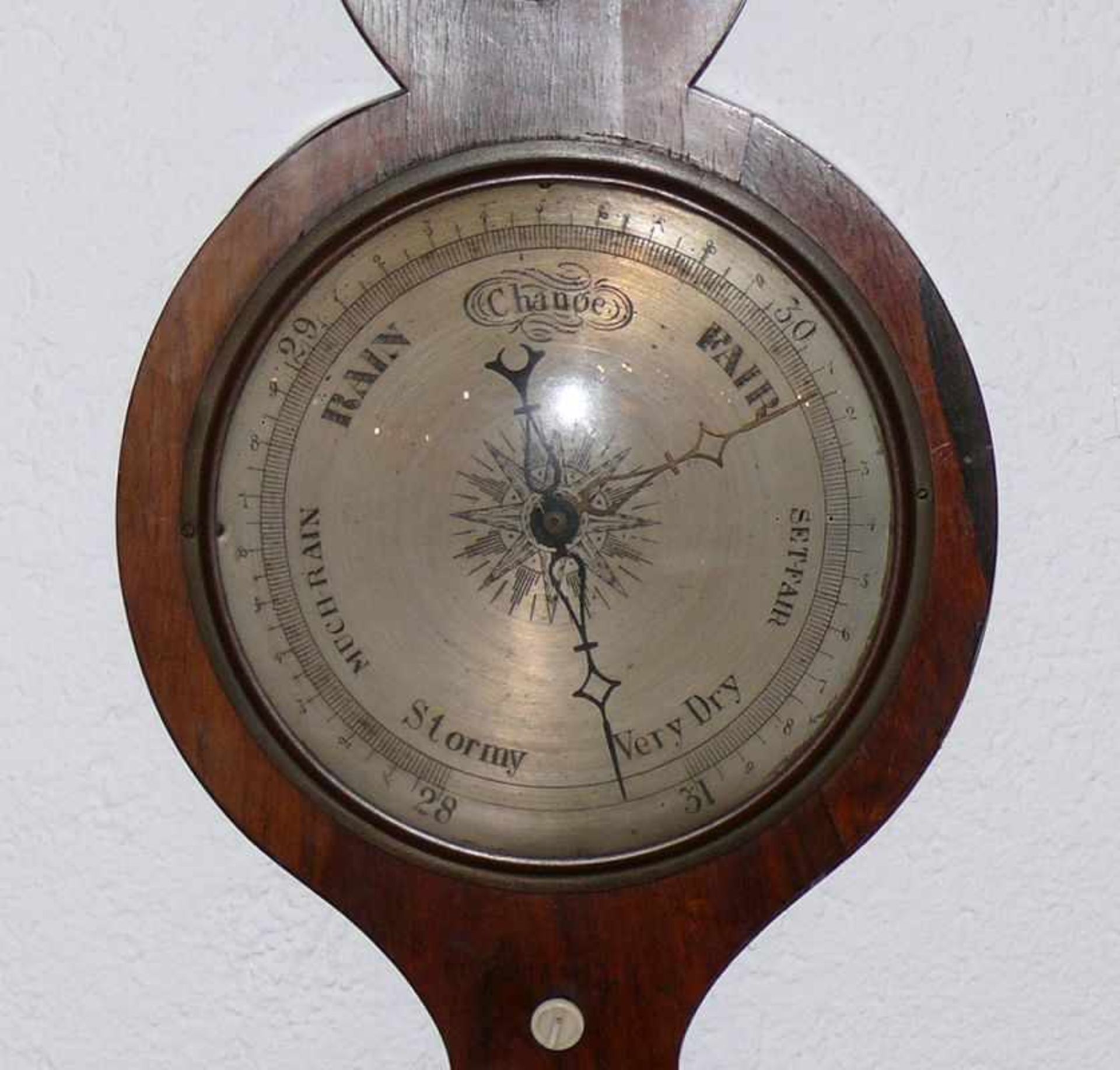 Barometer (England, 19.Jh.) Mahagoni-Gehäuse; mit zusätzlicher Fahrenheit-Anzeige; H: 96 cm - Bild 2 aus 2