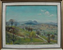 Körber, Peter (1911 Wuppertal - 2013 Gaienhofen) "Hegaulandschaft" mit Dorf und Hohentwiel; ÖL/