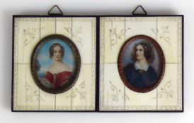 Paar Miniaturen (1.H.20.Jh.) Darstellung von 2 Frauen; Mischtechnik/Elfenbein; im Oval je ca. 5 x