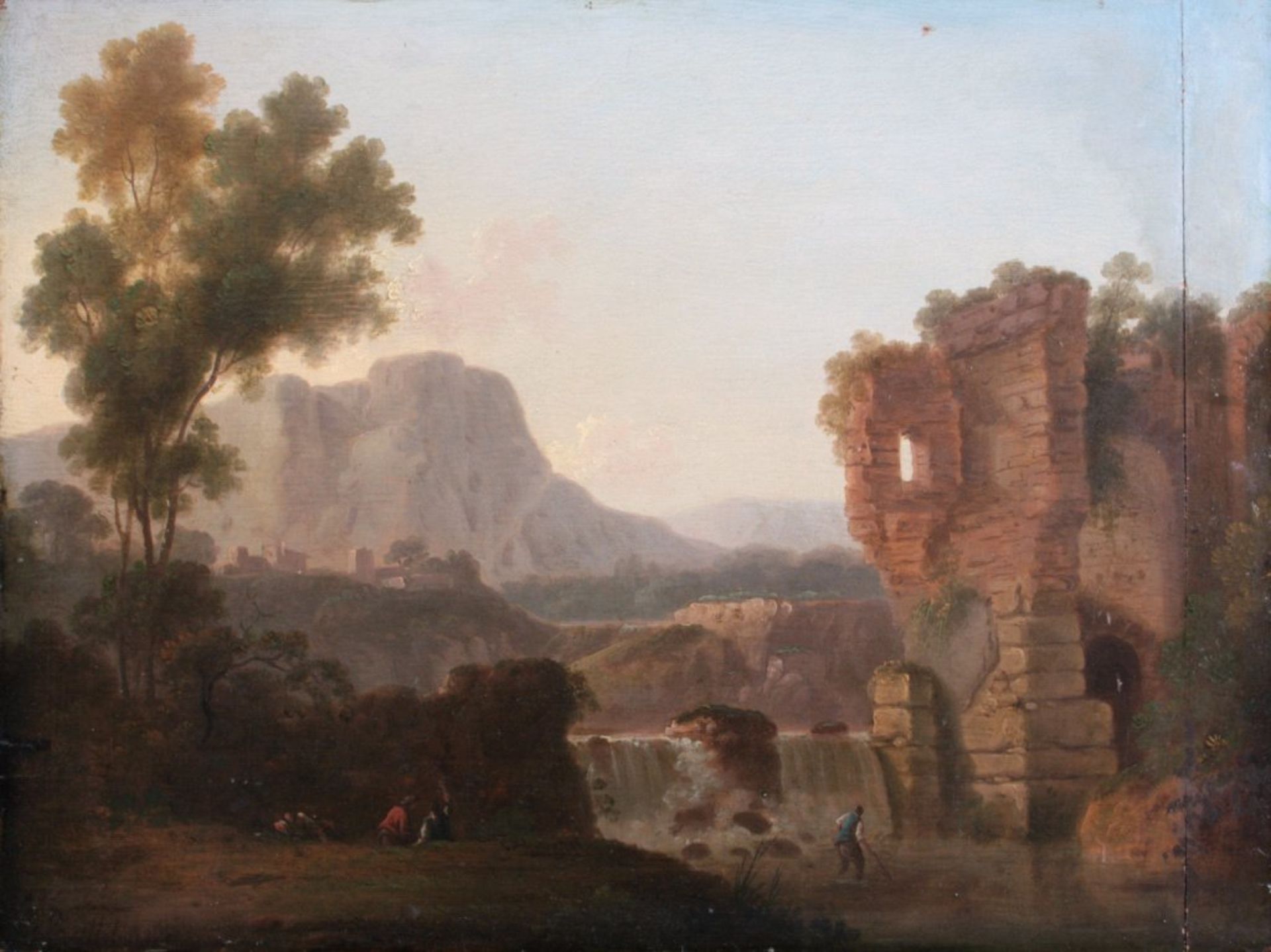 John Rathbone 1750-1807Flußlandschaft mit Angler, Ruine und einem Dorf imHintergrund, Öl/Holz, unten