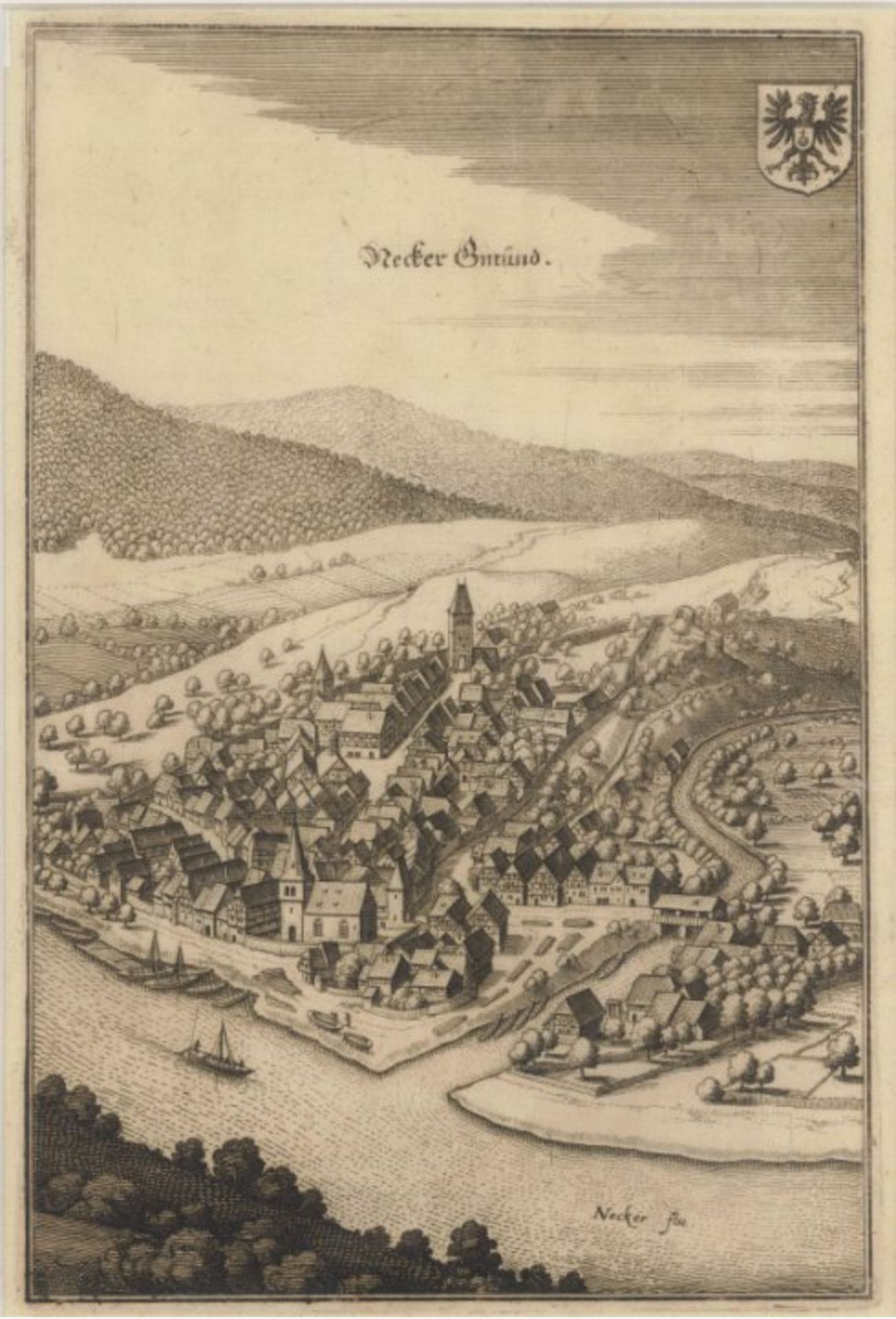 Neckargemünd 'Necker-Gmünd', Kupferstichmit Titel, Wappen und Bezeichnung von Merian um 1650.