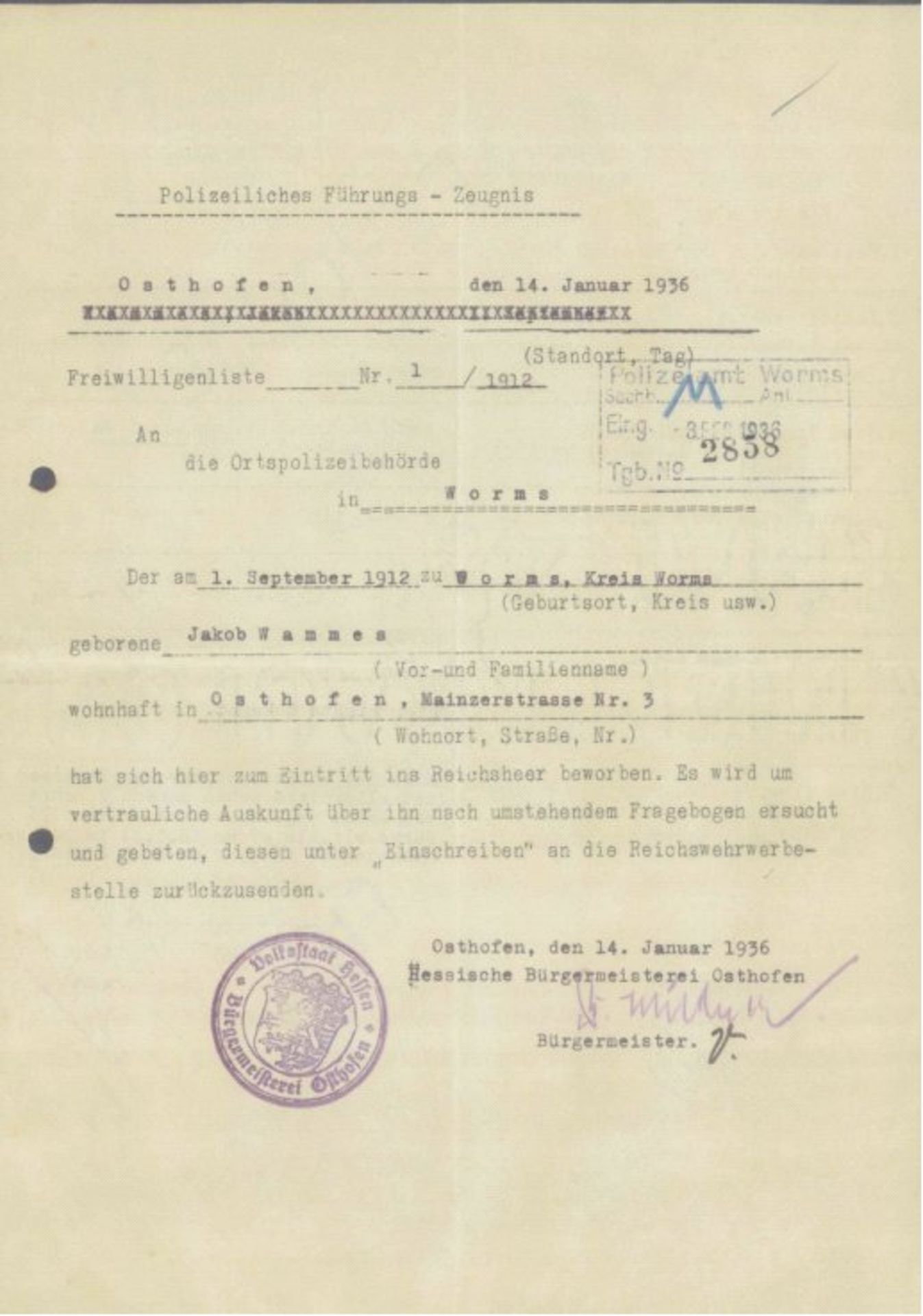 POLIZEILICHES FÜHRUNGSZEUGNIS OSTHOFEN 14.Januar 1936Zeugnis mit rückseitigem Fragebogen. Der