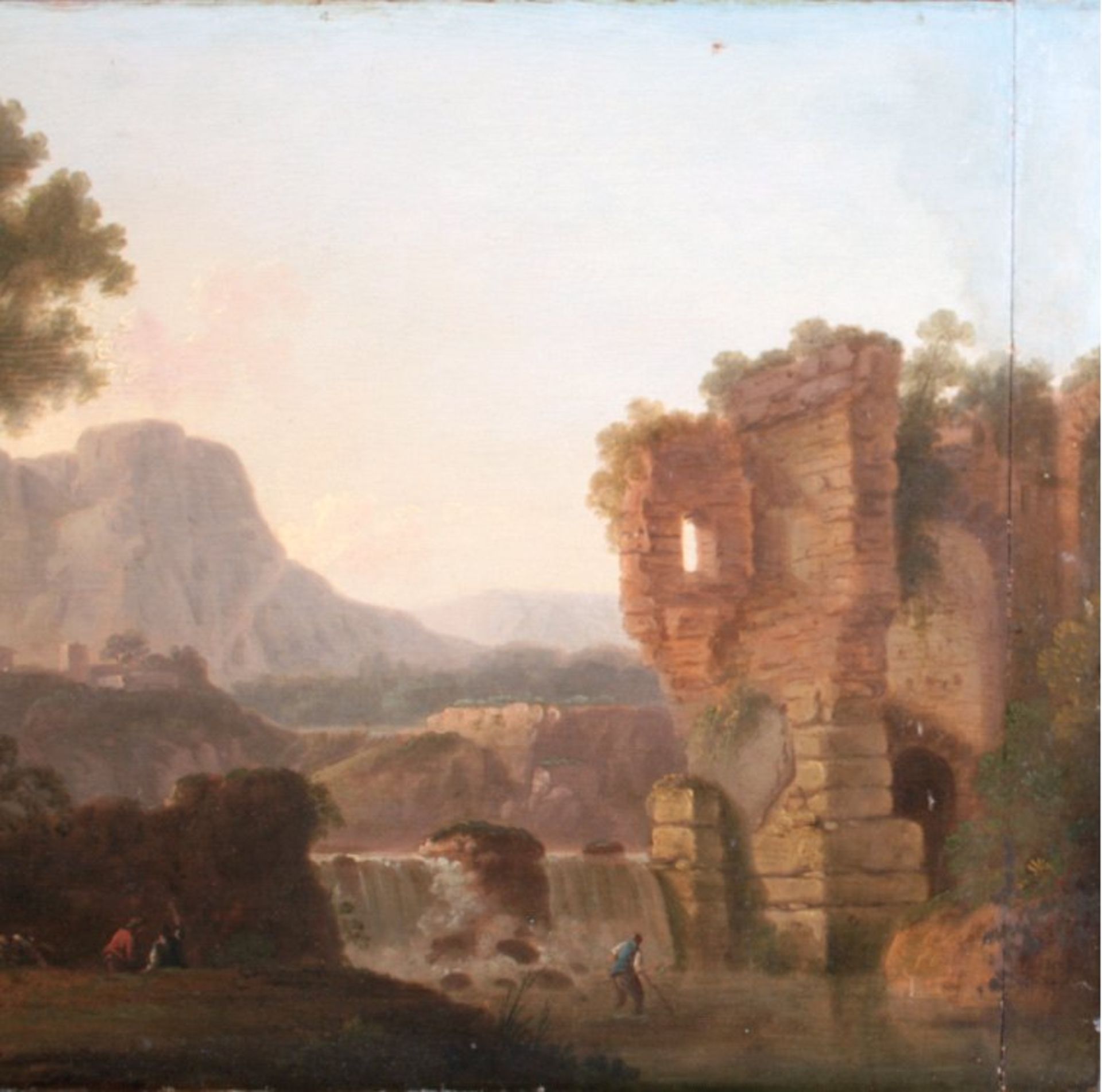 John Rathbone 1750-1807Flußlandschaft mit Angler, Ruine und einem Dorf imHintergrund, Öl/Holz, unten - Image 3 of 4