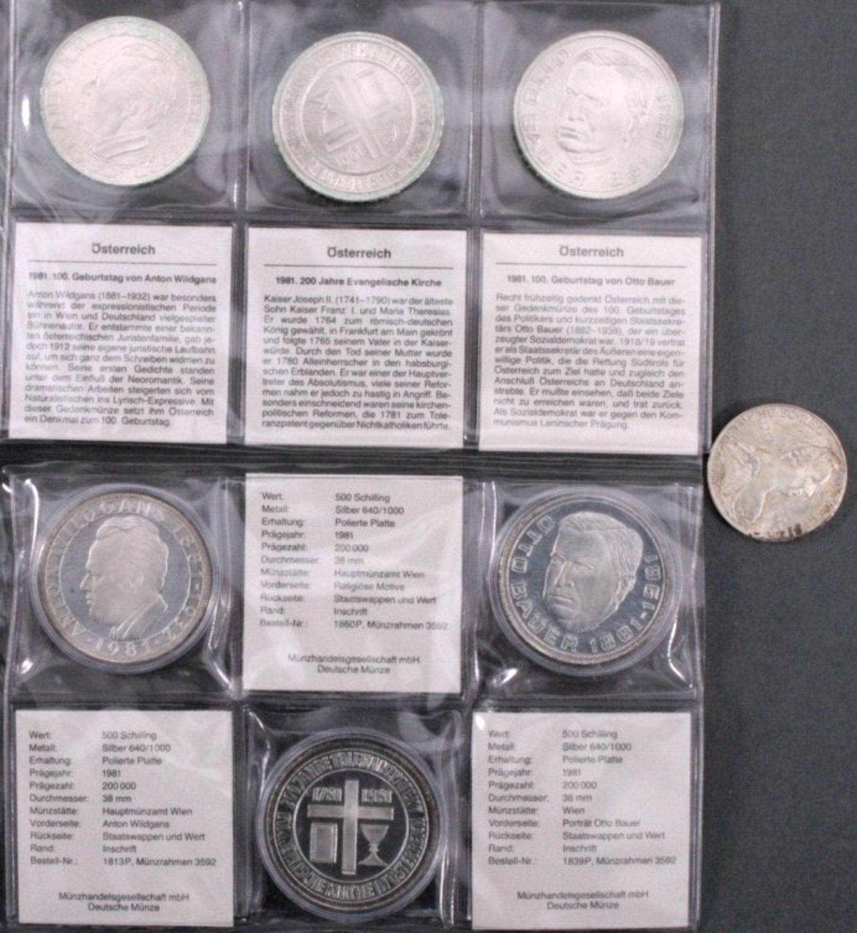 7 Sondermünzen Österreich Silber500 SchillingWildgans (2)200 Jahre evang. Kirche (2)Otto Bauer (2)25
