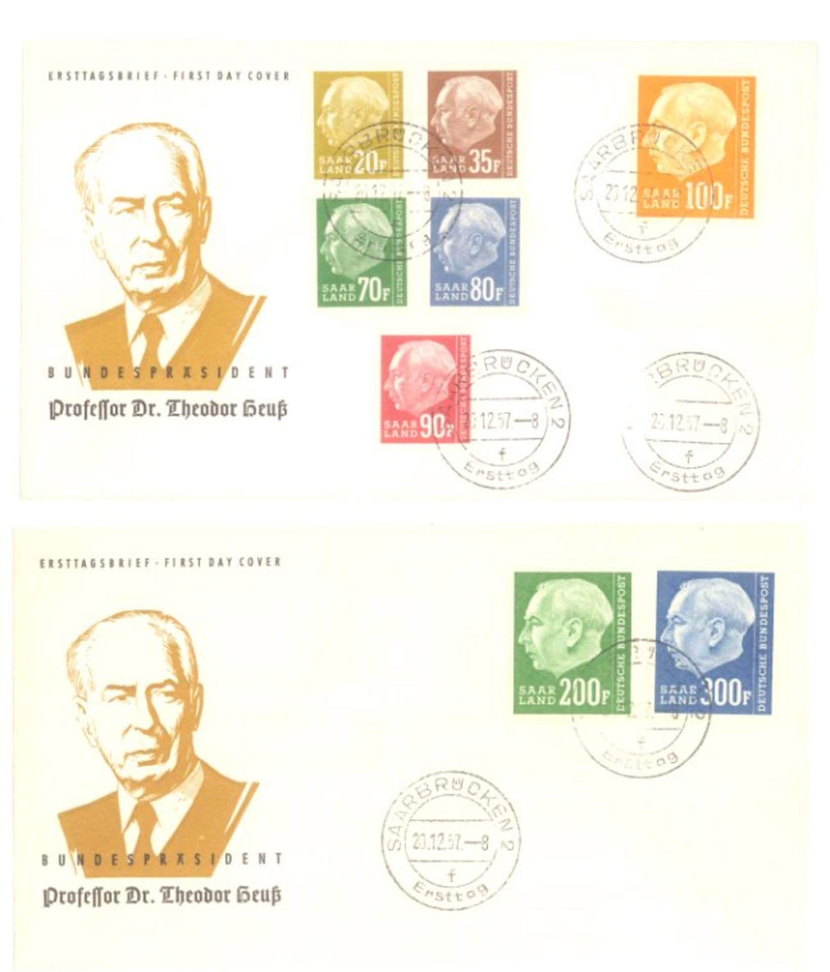1957 SAAR, HEUSS - ERSTTAGSBRIEFE, Katalogwert 300,- EuroMichelnummern 417, 420 und 423 bis 428