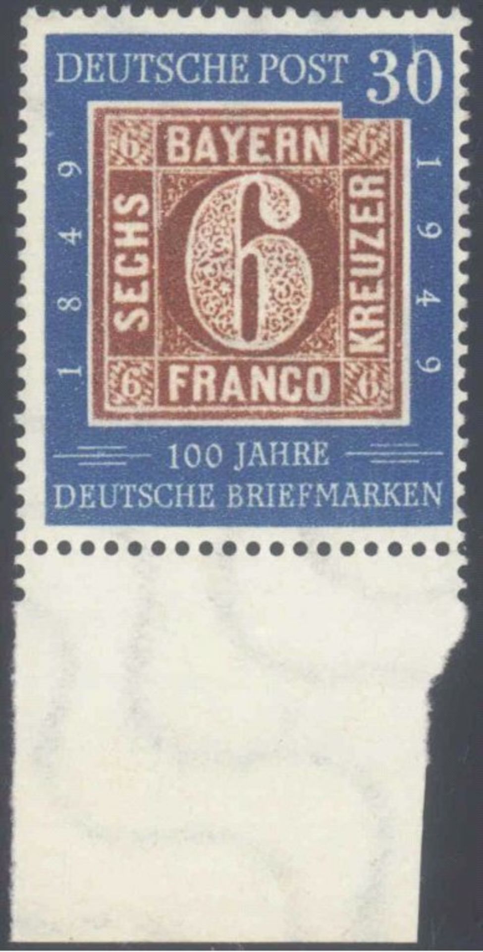 1949 Bund, 30 Pfennig 100 Jahre Deutsche Briefmarken PF IMichelnummer 115 I mit Plattenfehler "o der