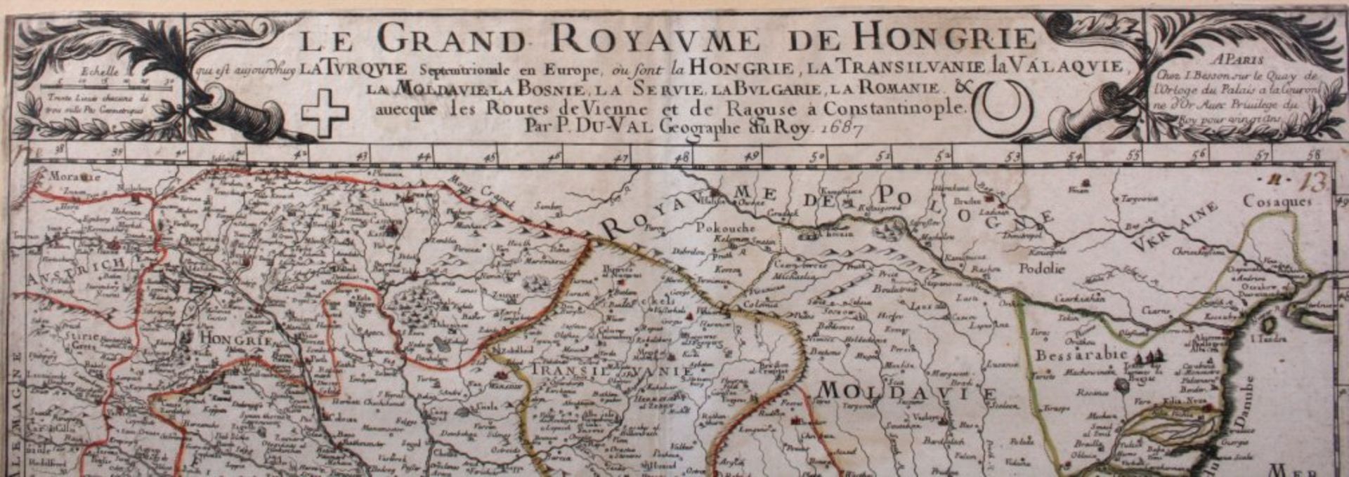 Le Grand Royavme de Hongrie...  Paris 1687Par Pierre Du Val. Altkolorierte Kupferstichkarte, ca. - Image 2 of 2