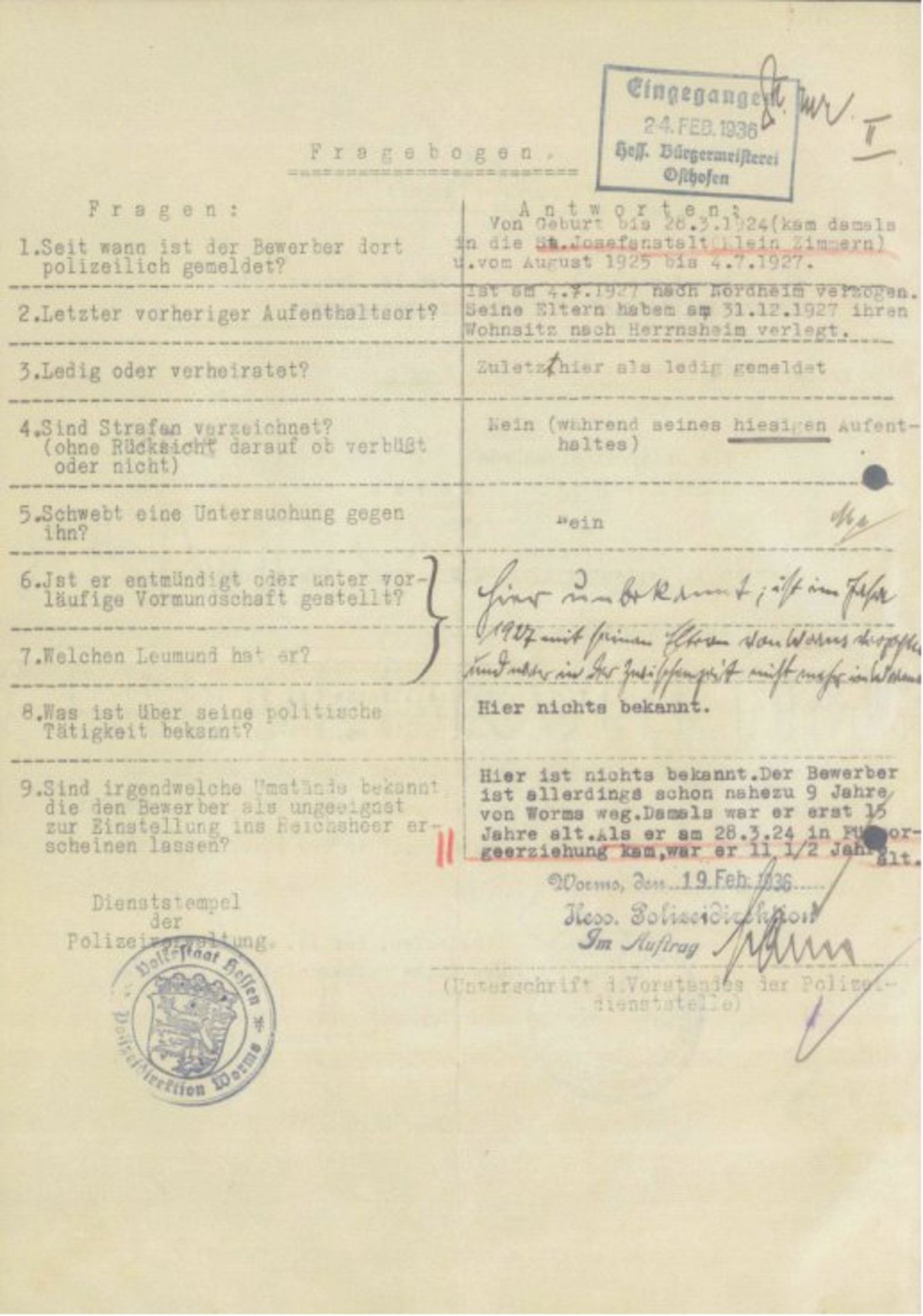 POLIZEILICHES FÜHRUNGSZEUGNIS OSTHOFEN 14.Januar 1936Zeugnis mit rückseitigem Fragebogen. Der - Image 2 of 2