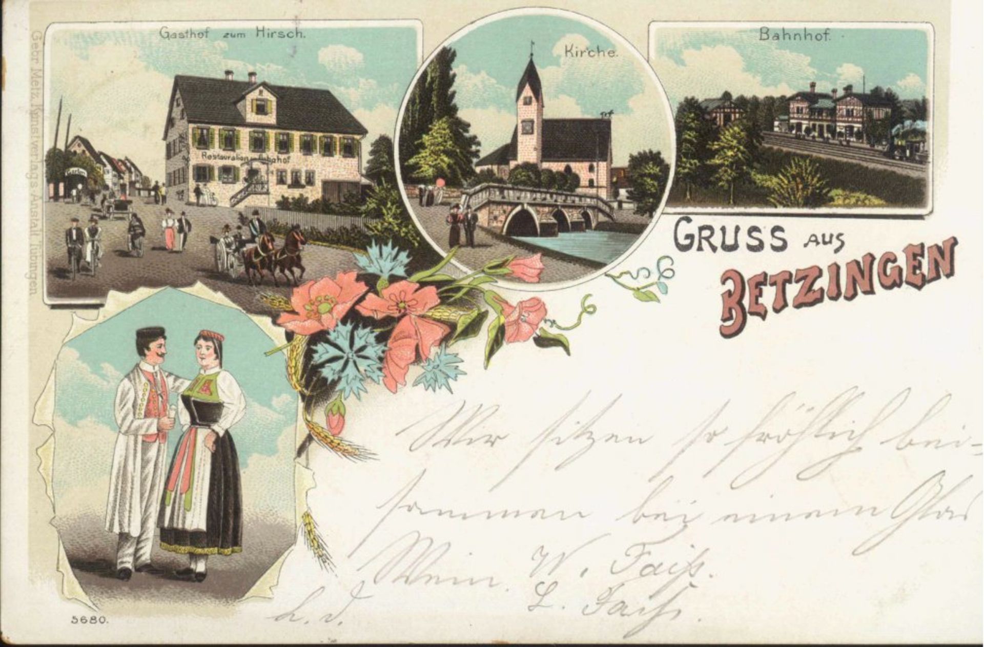 GRUSS AUS...BETZINGEN, Lithographie, gelaufen 1898nach Reutlingen, farbig. Erhaltung siehe