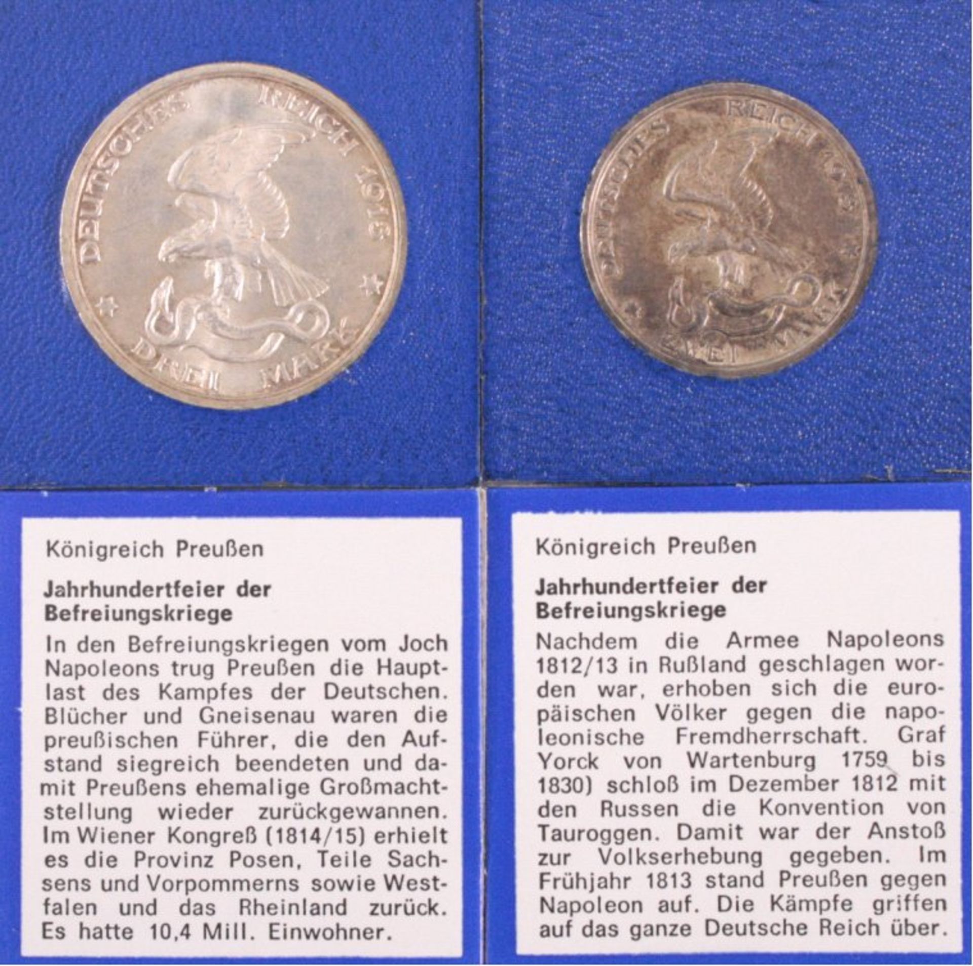 2 Münzen Kaiserreich, Preußen3 Mark 1913 Adler und Schlange, Befreiungskriege2 Mark 1913 Adler und