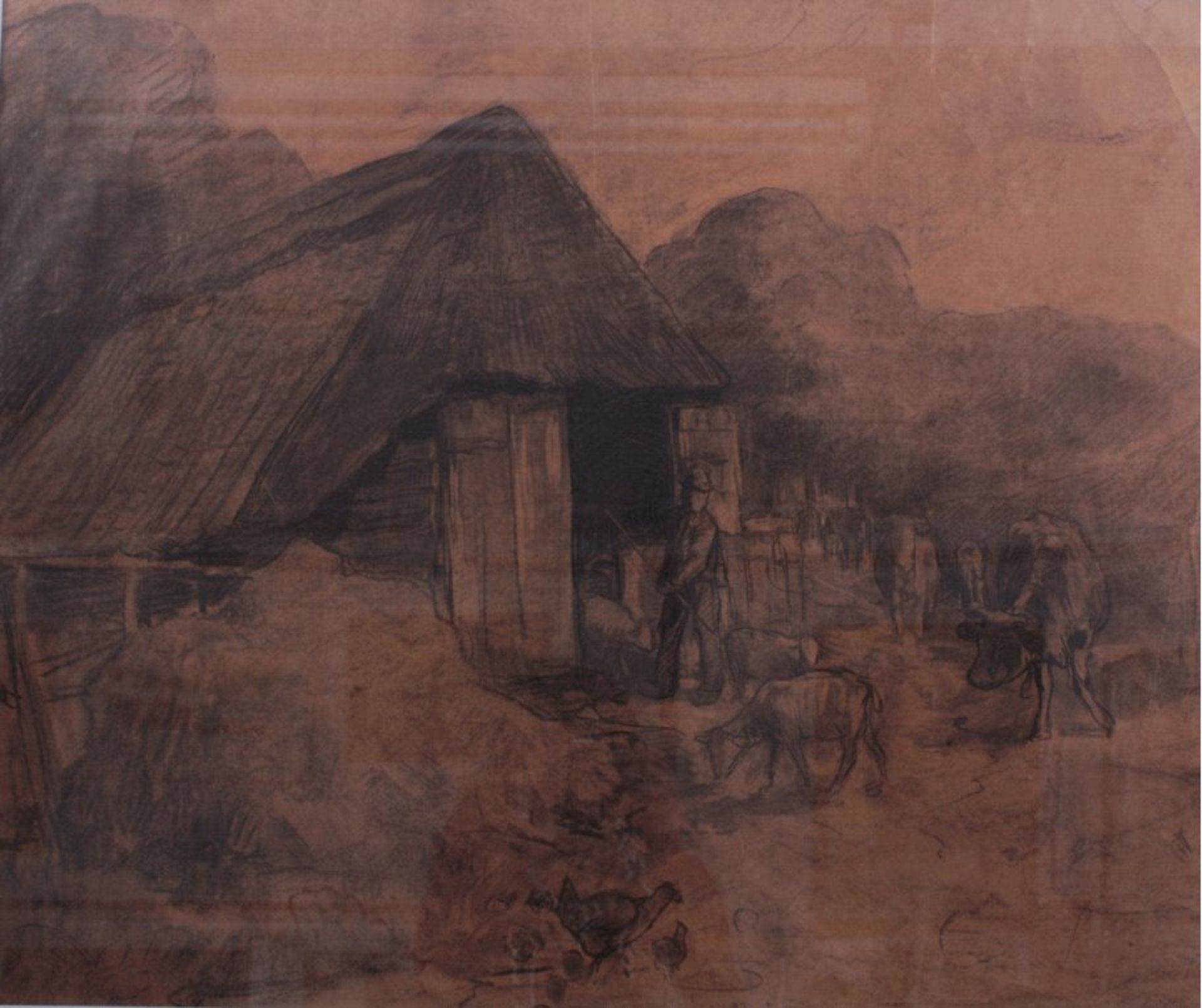 Camille Pissarro (1880-1903), "Bauer beim Almabtrieb"Kohle/Papier, rüchseitige Studie, hinter Glas