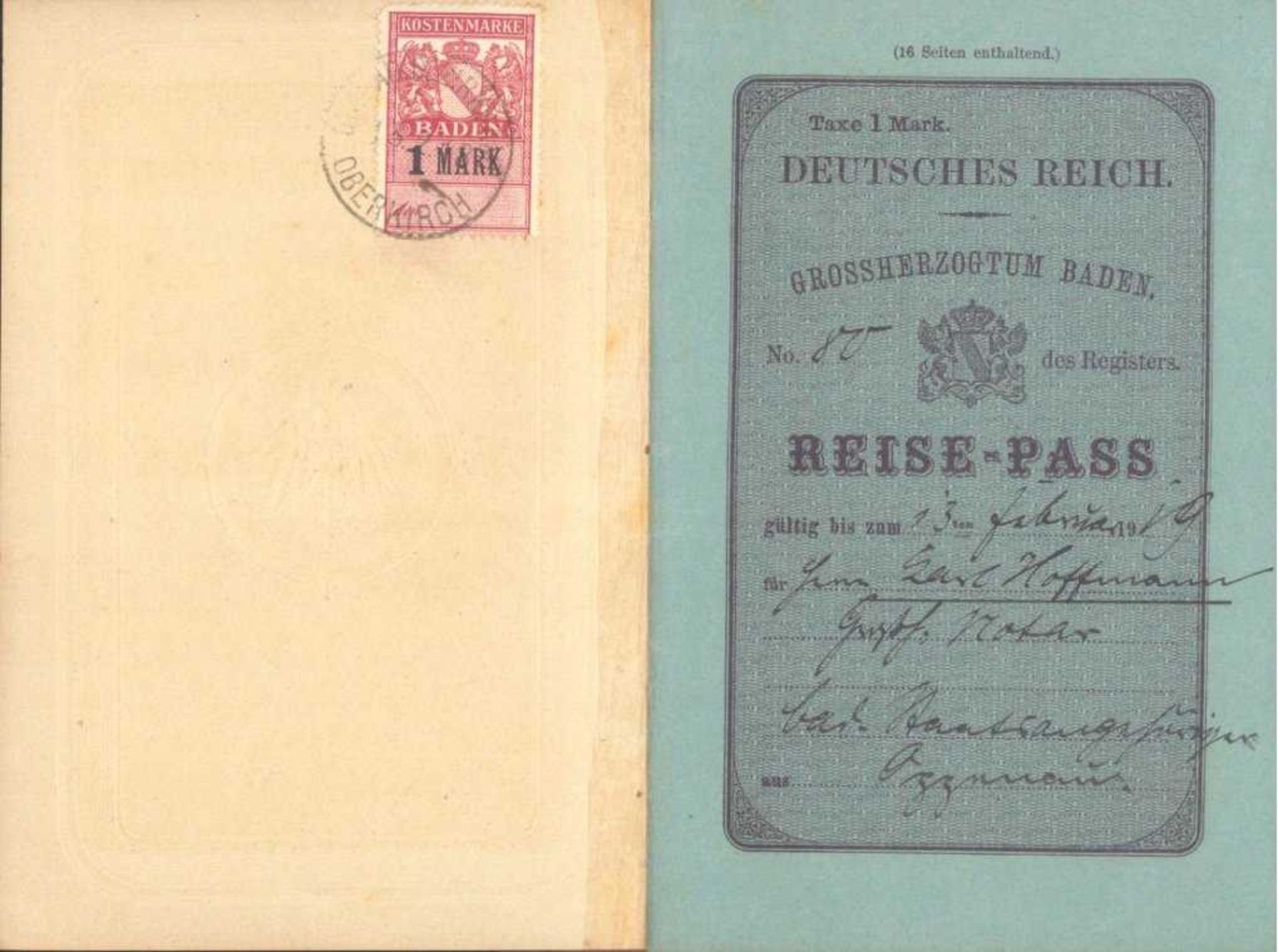 1919 GROSSHERZOGTHUM BADEN; Reise-Pass, OPPENAUReise-Pass des Deutschen Reiches, Inhaber der Notar