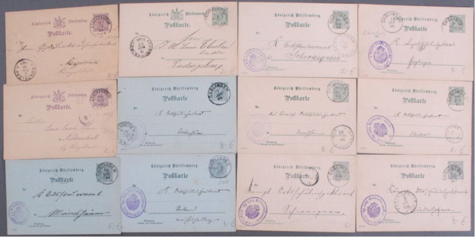 ALT - WÜRTTEMBERG 1899-1906, Ganzsachen, alle gelaufenab GÜGLINGEN (9) und BRACKENHEIM (3), viele