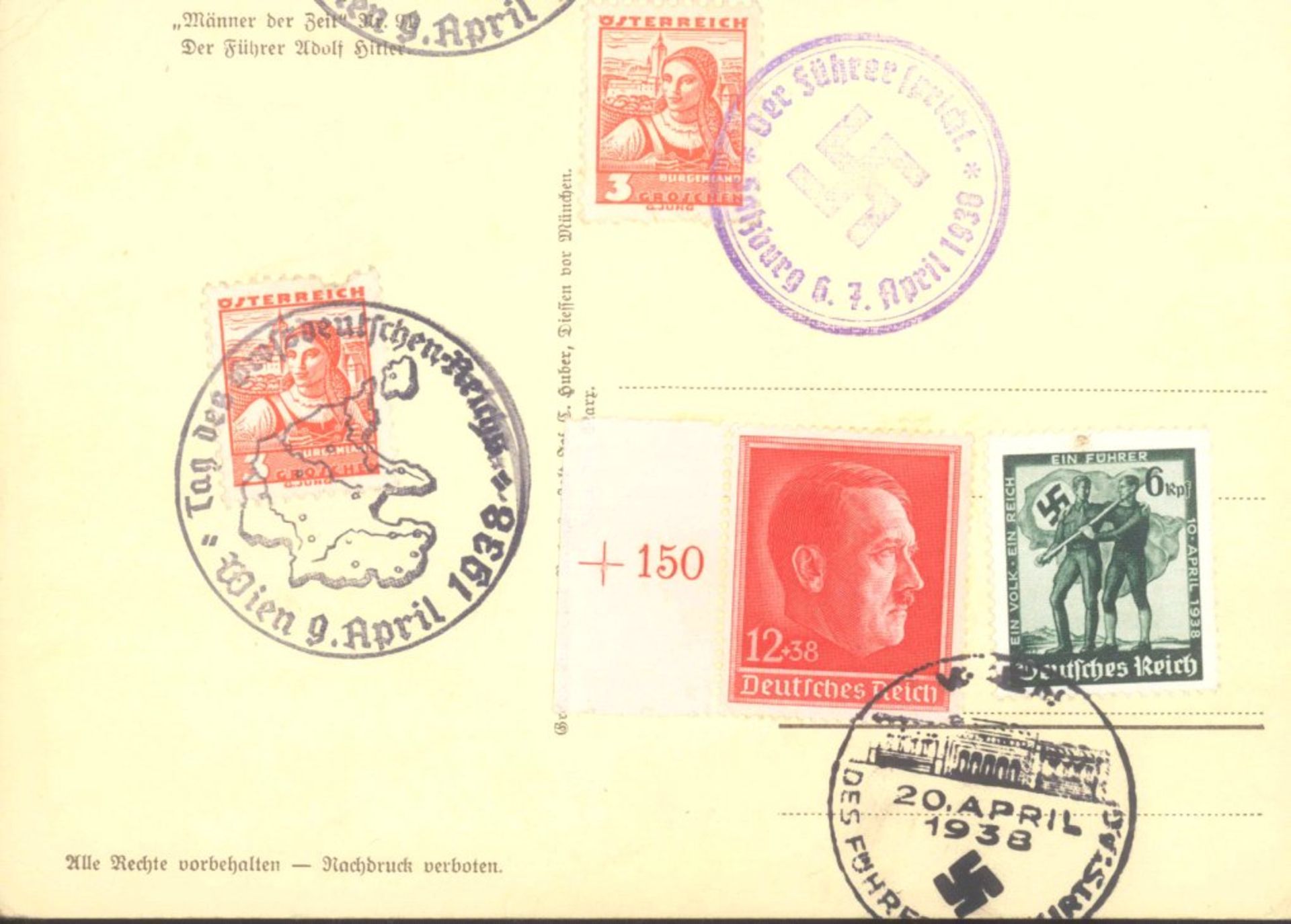 1938 III. REICH, Anschluß ÖSTERREICH an GROSSDEUTSCHLANDPropagandakarte zum Thema, dabei 3 Stempel
