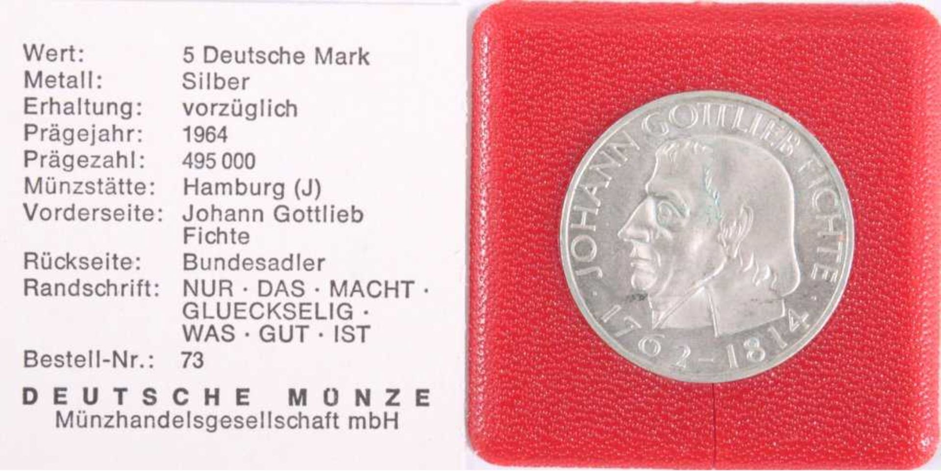 Gedenkmünze 5 DM Fichte1964, 150. Todestag von Johann Gottlieb FichteJ. 393. VZ