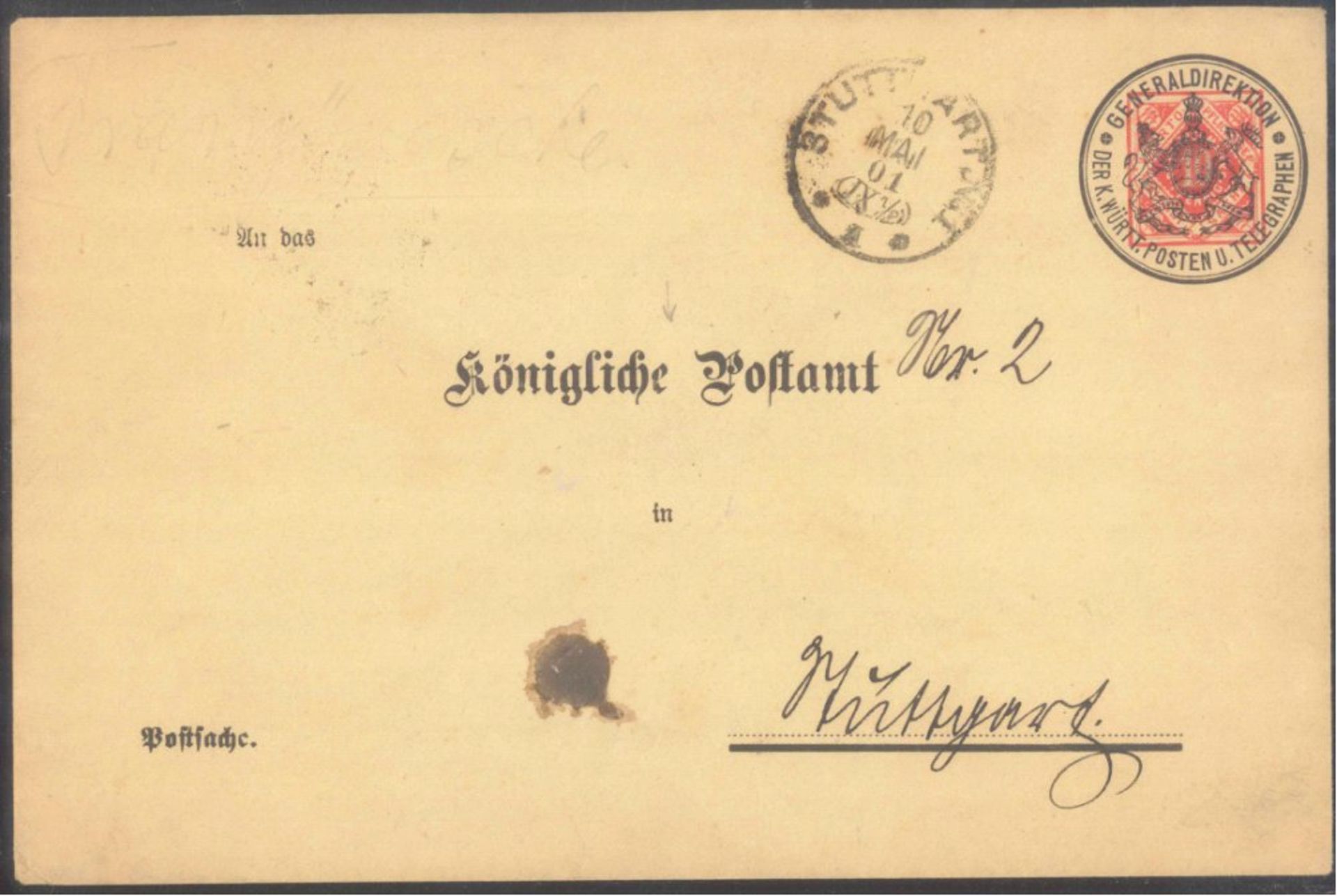 ALT - WÜRTTEMBERG 1901, Vorausentwertungs - Ganzsachender "GENERALDIREKTION.....POSTEN U.