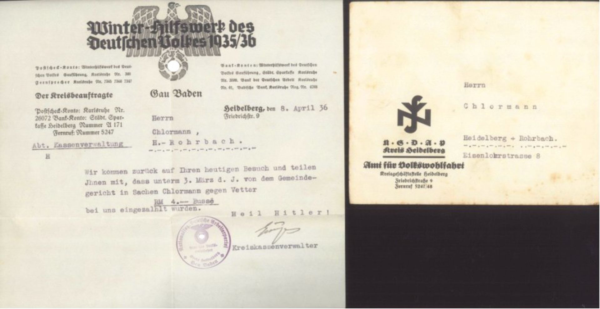 III. REICH Propaganda, WINTERHILFSWERK (WHW) 1935/36Schreiben des GAU BADEN, Kreis Heidelberg. Im