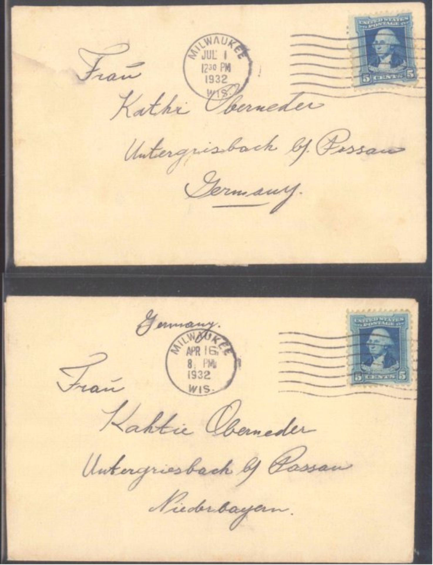 HEIMAT: UNTERGRIESBACH bei PASSAU, auch MOTIV DCHTER2 Briefe 1932 von USA MILWAUKEE nach oben