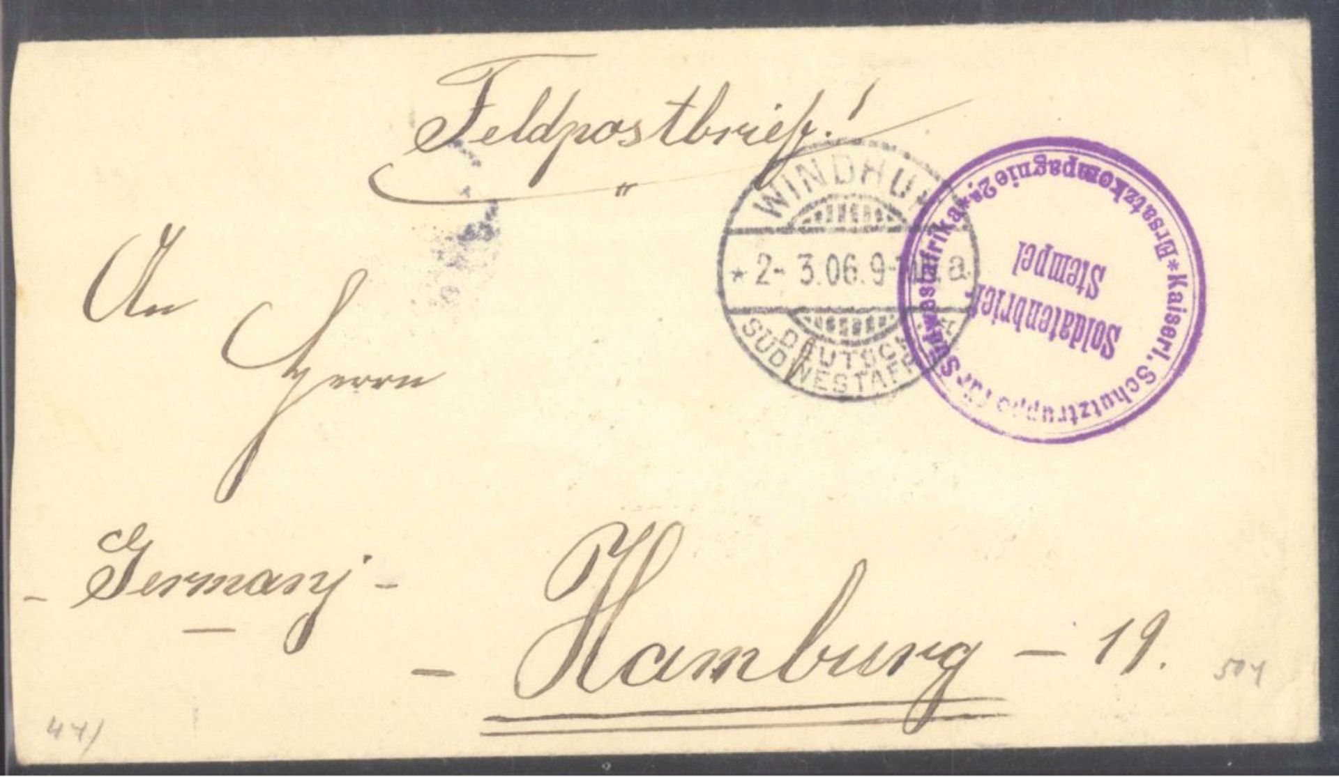 DEUTSCH-SÜDWESTAFRIKA, FELDPOSTBRIEF 1906, HERERO-AUFSTANDFeldpostbrief aus der Zeit des Herero-