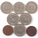 Konvolut Bank deutscher Länder, 6x 50Pfg + 2x 1 Pfg StückePrägeanstalten 50 Pfennig: D,F,J,G 1