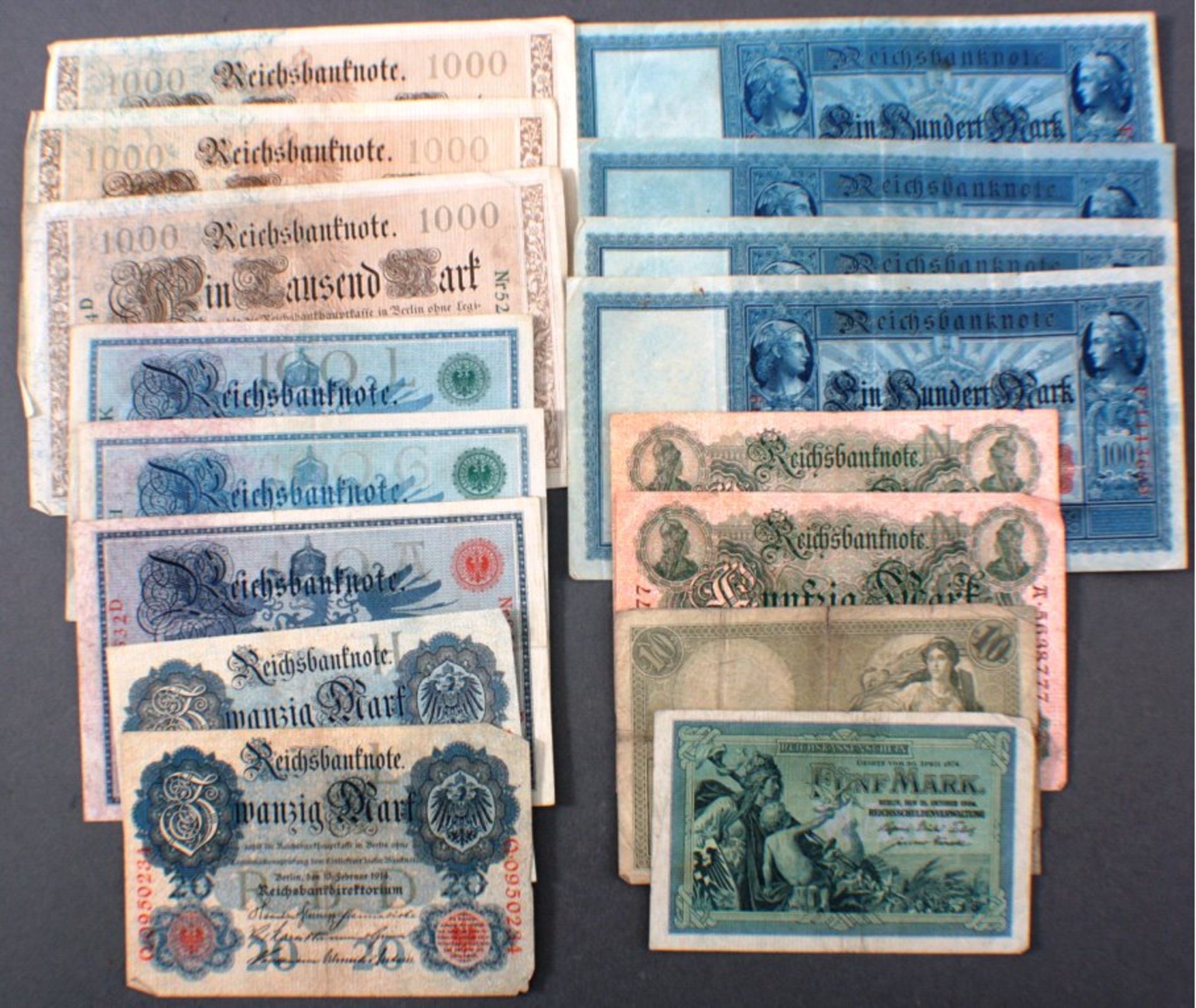 Konvolut Banknoten 1906-19103 x 1000 Mark 1910, 3 x 100 Mark 1908, 4 x 100 Mark 1910, 5Mark 1904,