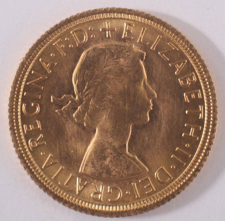 Goldmünze, 1 Sovereign, Elizabeth II, 1968Junge Elisabeth II mit Blätterkranz und Haarschleife,