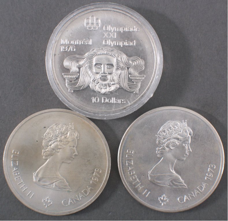 3 Silbermünzen 10 Dollars Canada, Montreal 1976Durchmesser: ca. 4,5 cm. Gesamtgewicht 147g Silber