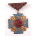 Medaille 1. Preis B.V.W. Vereinsfahren, 1911Anstecker, mit Tatzenkreuz in blau, goldfarben und