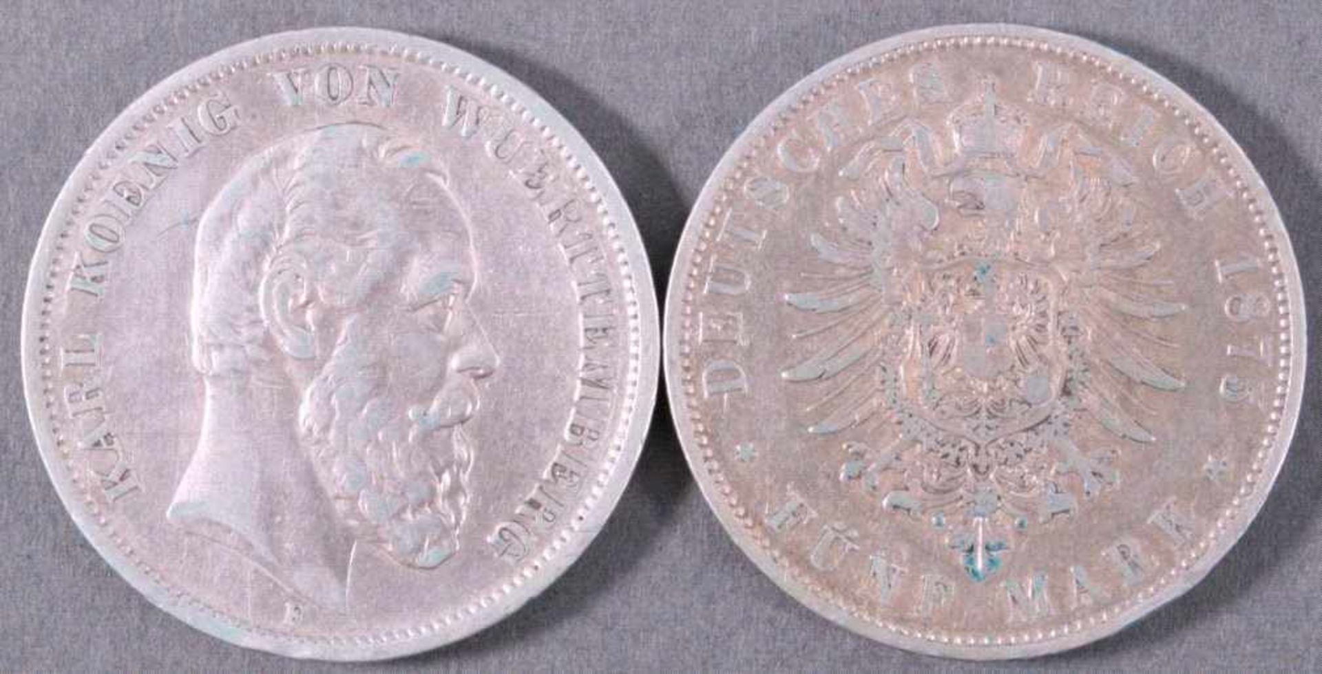 2 Stück 5 Mark, Karl König v. WürttembergJahrgang 1875Silber 900/1000Gewicht: 27,7gBuchstabe