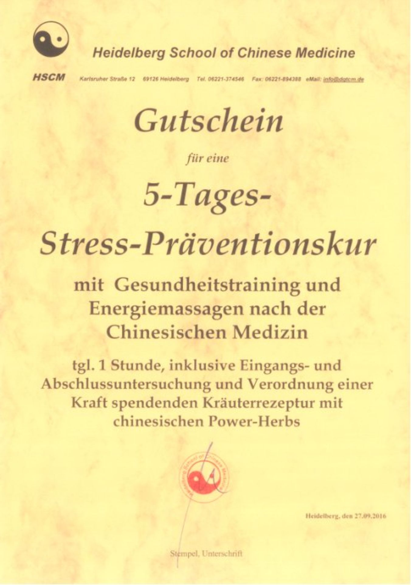 Heidelberg School of Chinese MedicineGutschein für eine 5-Tages-Stress-Präventionskur