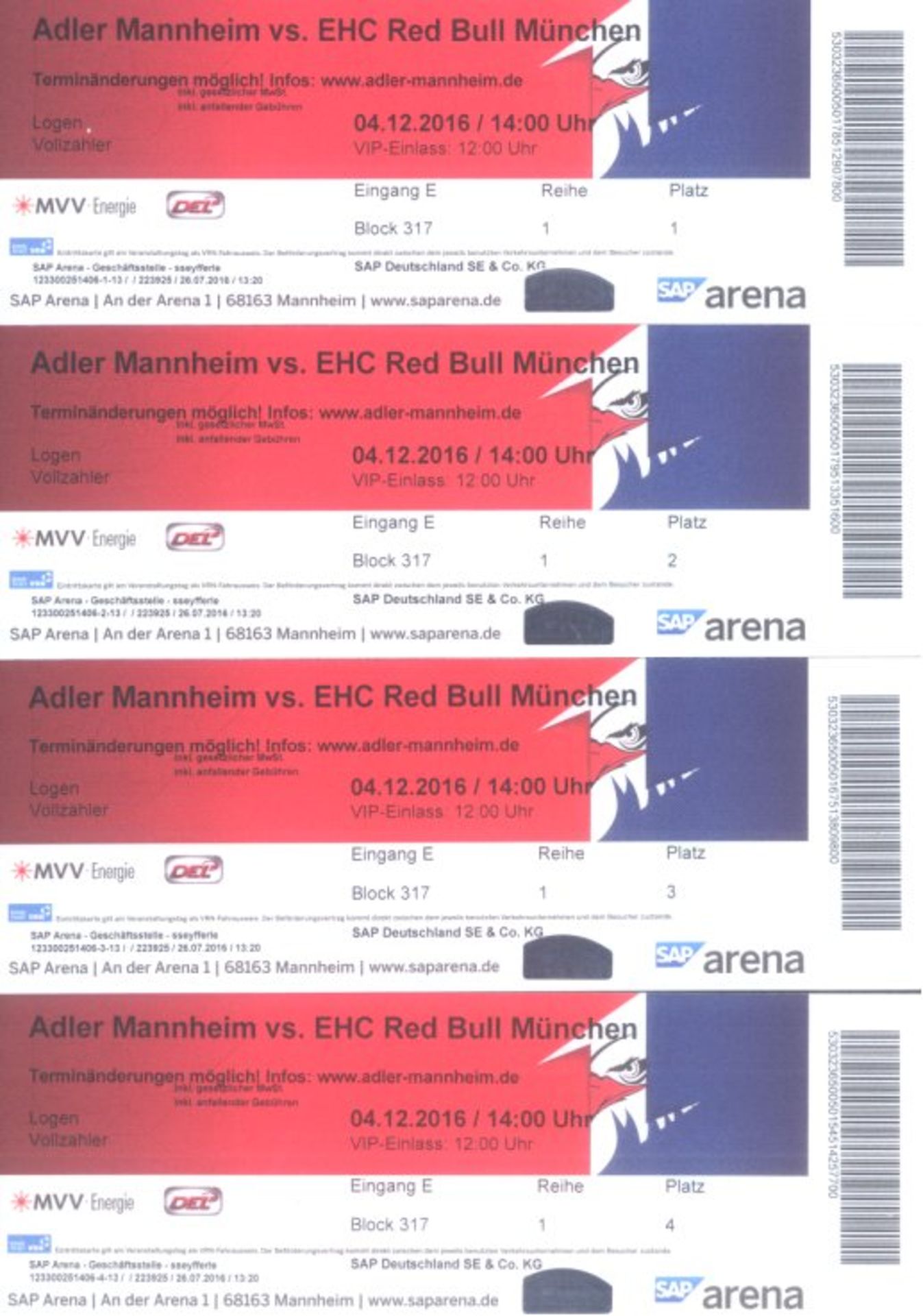 Adler Mannheim vs. EHC Red Bull München am 4.12.20164 VIP Tickets und 2 VIP Parkplatztickets im Wert - Bild 2 aus 3