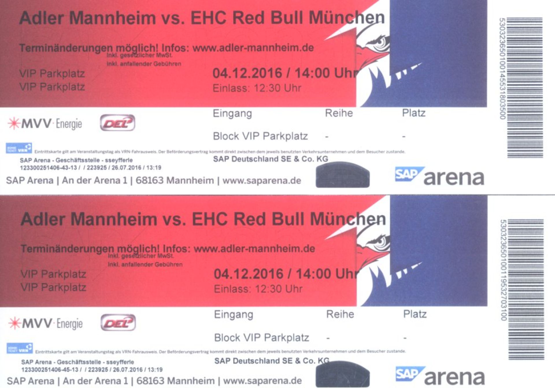 Adler Mannheim vs. EHC Red Bull München am 4.12.20164 VIP Tickets und 2 VIP Parkplatztickets im Wert - Bild 3 aus 3