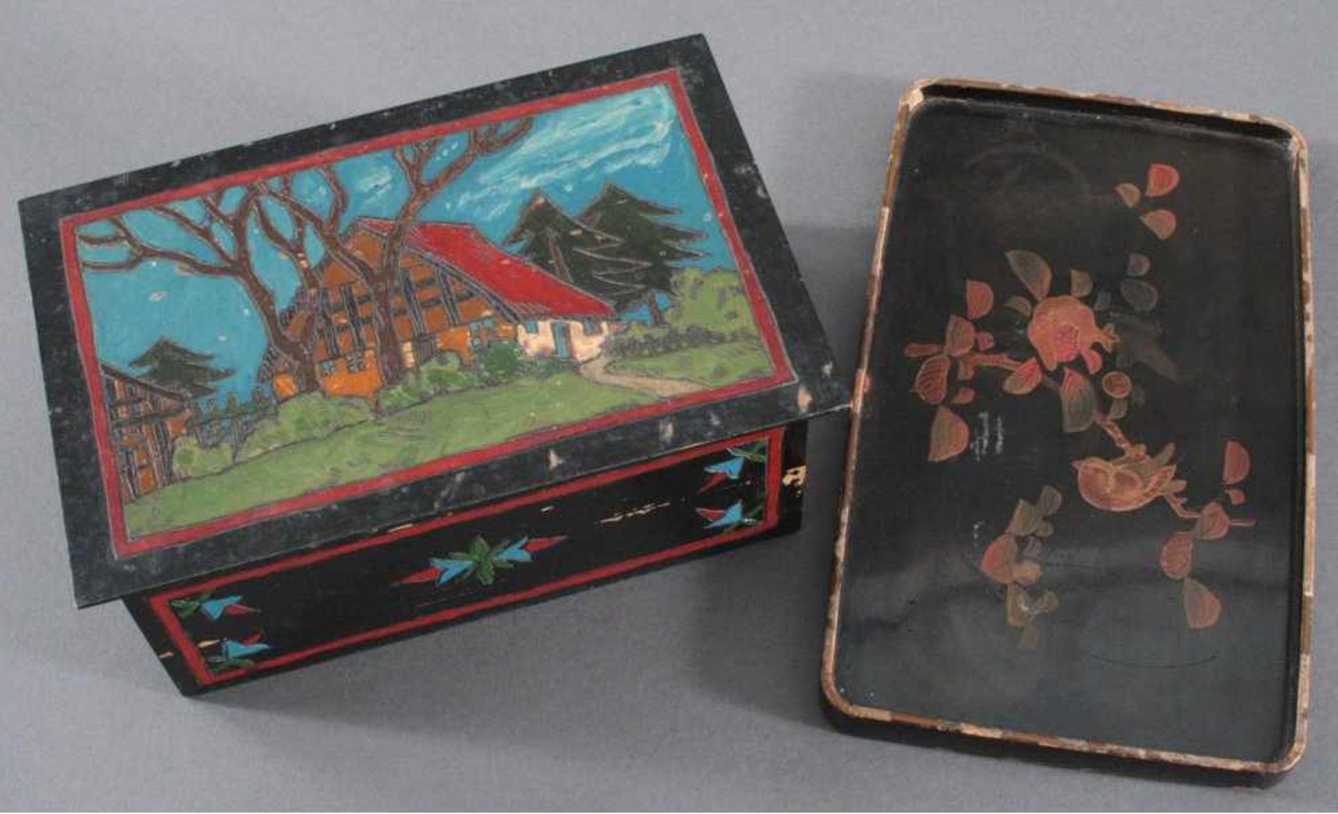 Tablett und HolzschatulleBeides bemaltes Holz, Tablett mit schwarzen Lack bemalt,asiatisches