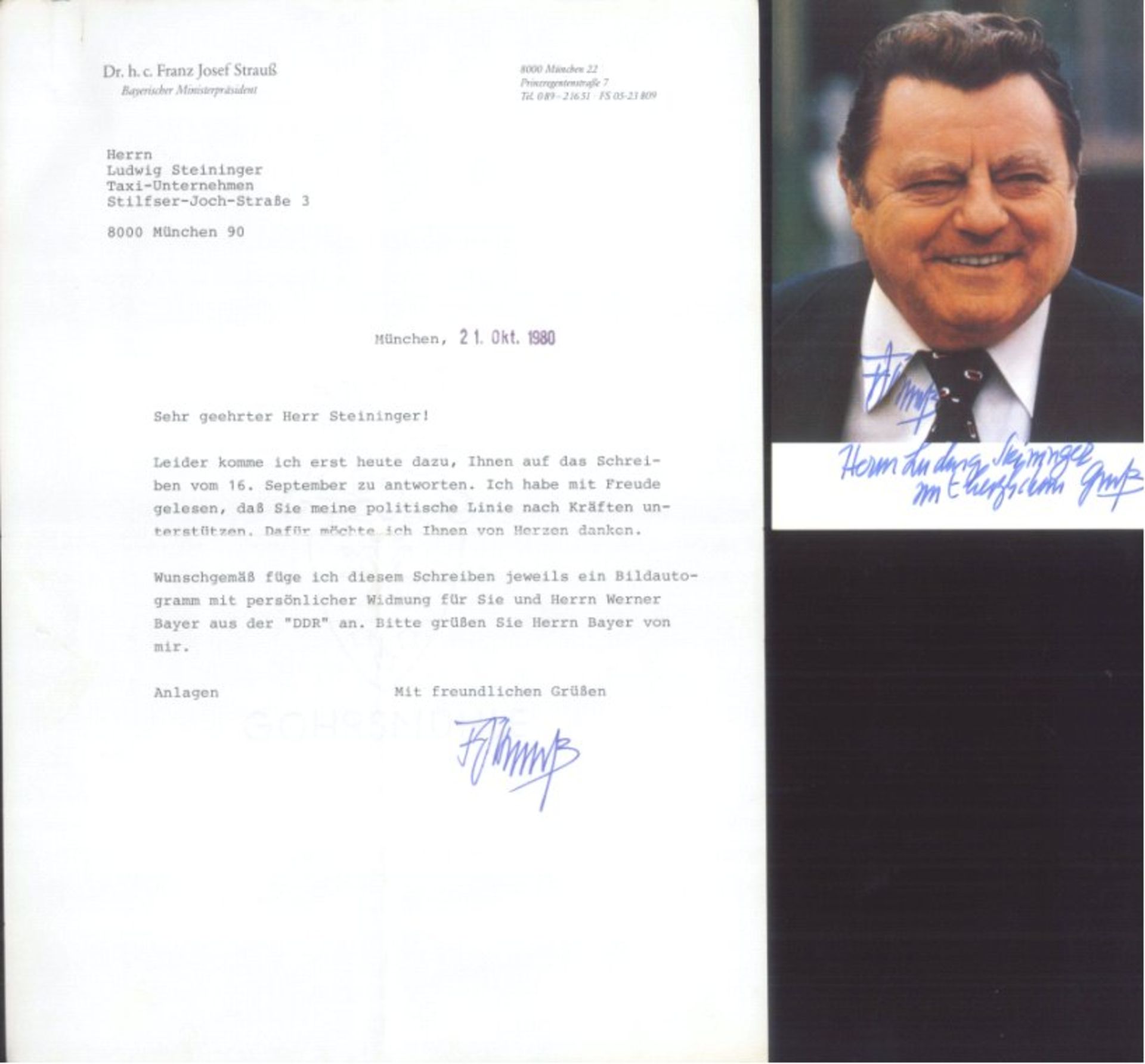 BAYERISCHE POLITIK, FRANZ JOSEF STRAUSS, Autogramm/Schreibeninteressante Kombination einer