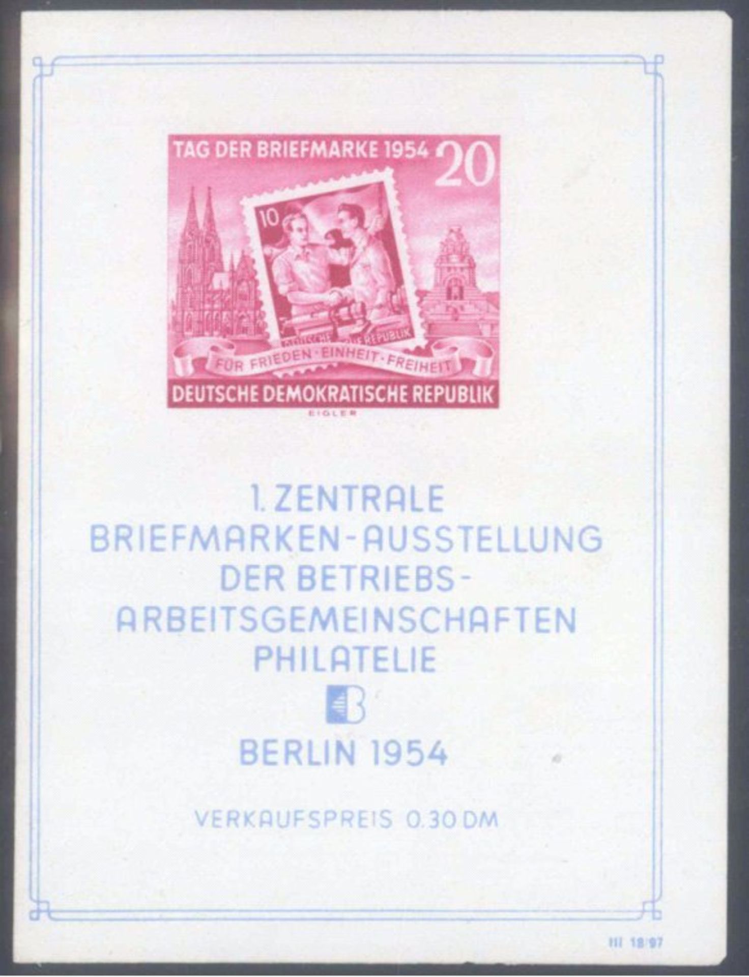 1954 DDR, Tag der Briefmarke Block mit VERSCHNITTMichelnummer Block 10 in ORIGINALGRÖSSE,