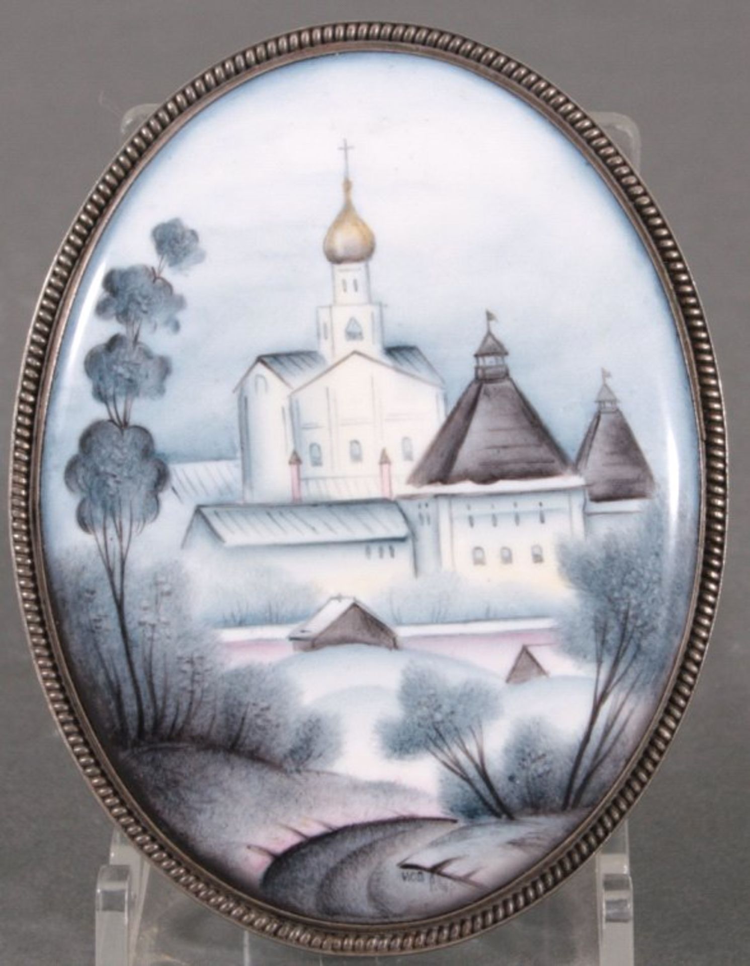 Porzellanplakette, Russland 19. Jh.ovale Form, Silberfassung, polychrome Darstellung einerorthodoxen