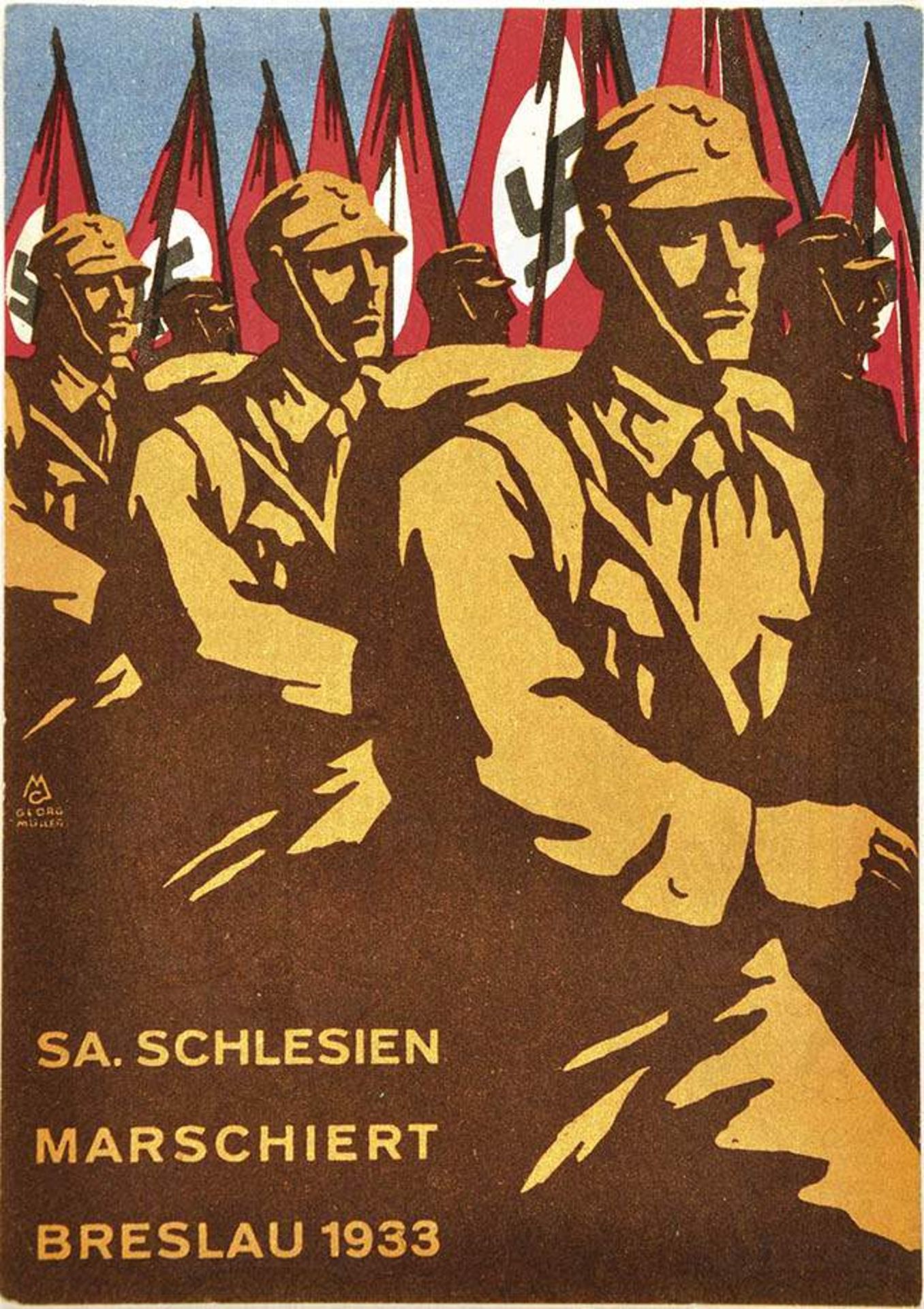 SA. SCHLESIEN MARSCHIERT "Breslau 7./8. Oktober 1933", farb. Druck, Künstlersign. Georg Müller, gel.