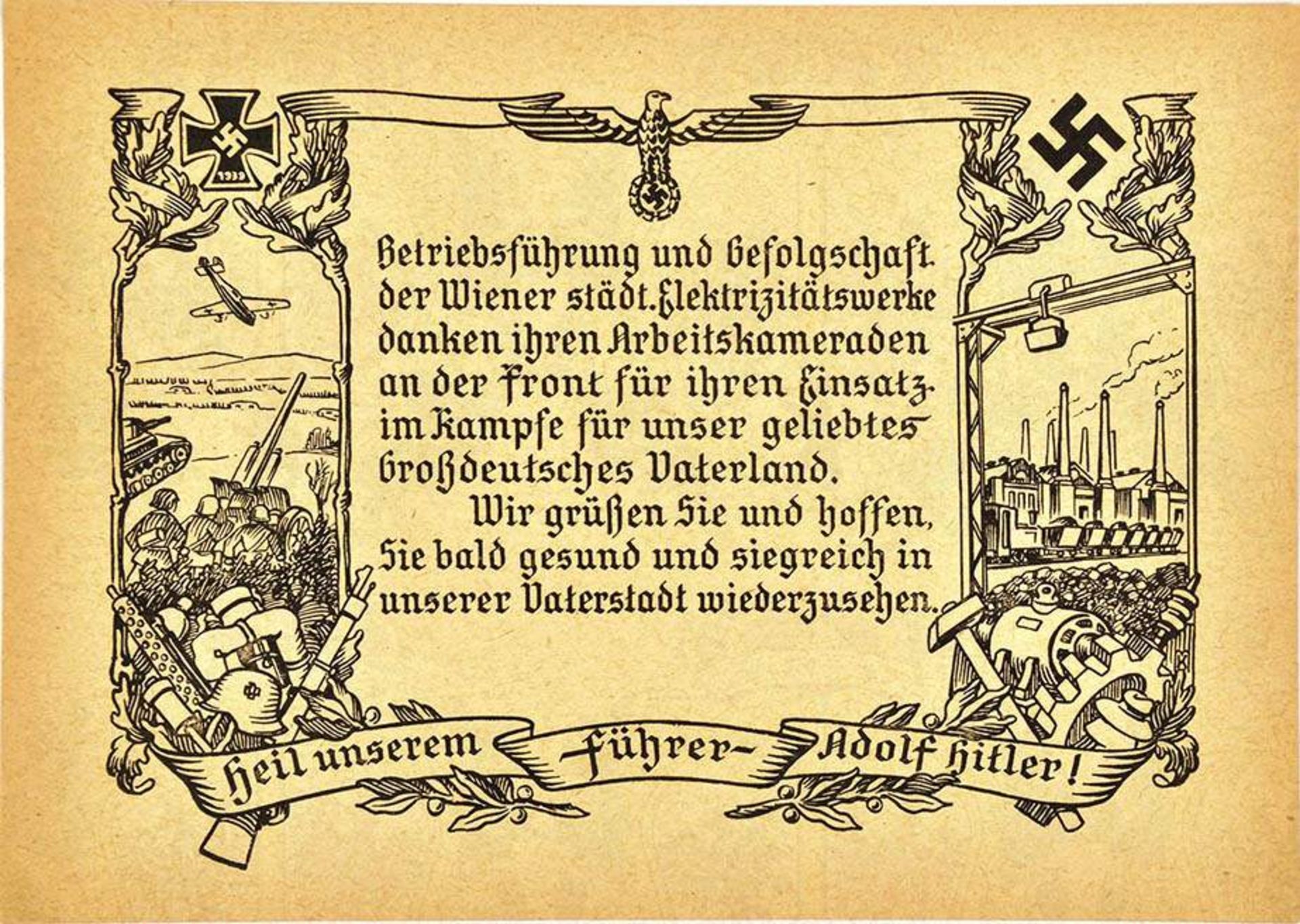HEIL UNSEREM FÜHRER ADOLF HITLER, s/w Propagandakarte d. Betriebsführung d. Wiener