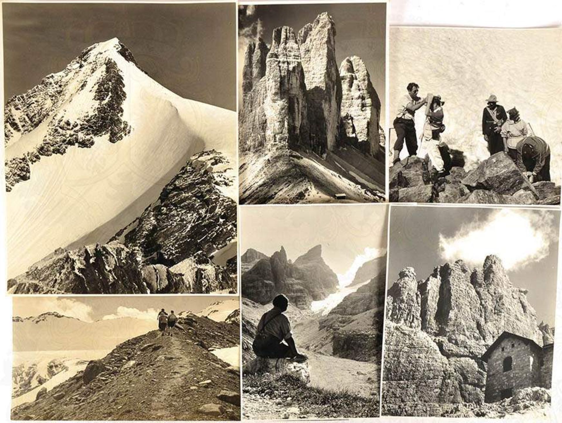 30 GROßFOTOS ALPENLANDSCHAFT, Berge, Gletscher, tls. m. Gebäuden u. Bergsteigern, etwa 1955-1960,