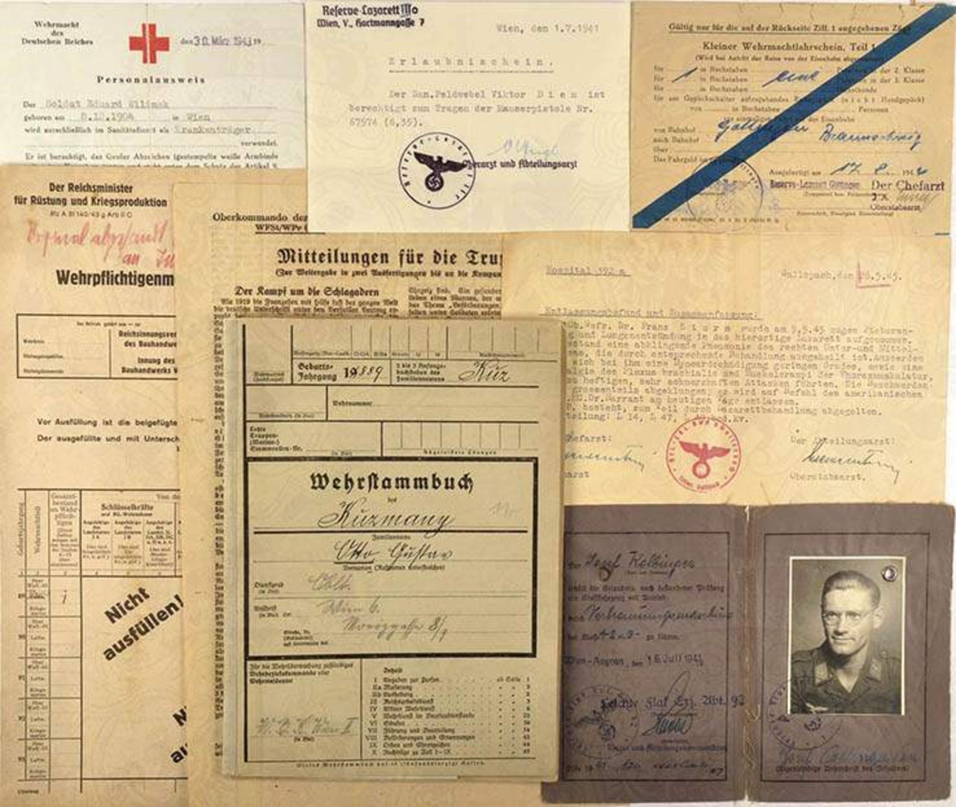 DOKUMENTEN-KONVOLUT, ca. 65 Teile, 1935-44, u. a.: Wehrstammbuch, Einberufung zum Volkssturm,