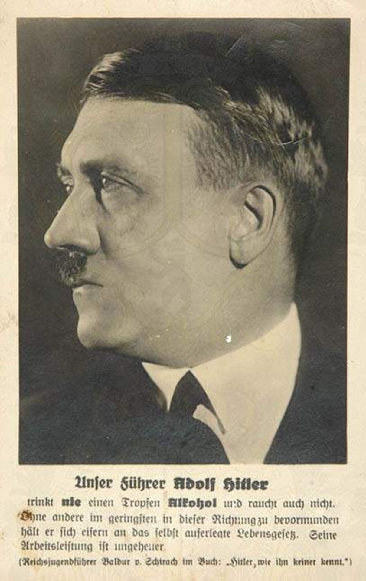 FOTO-AK ADOLF HITLER, Kopfportrait im Profil (um 1930), darunter Textauszug "Unser Führer Adolf