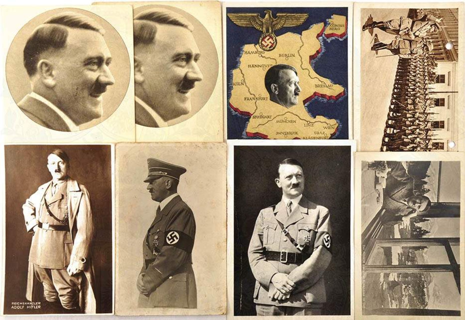 6 PORTRAIT-AK ADOLF HITLER, in Uniforn u. Anzug, während e. Parade, 2x gel. 1940; dazu Festkarte zum